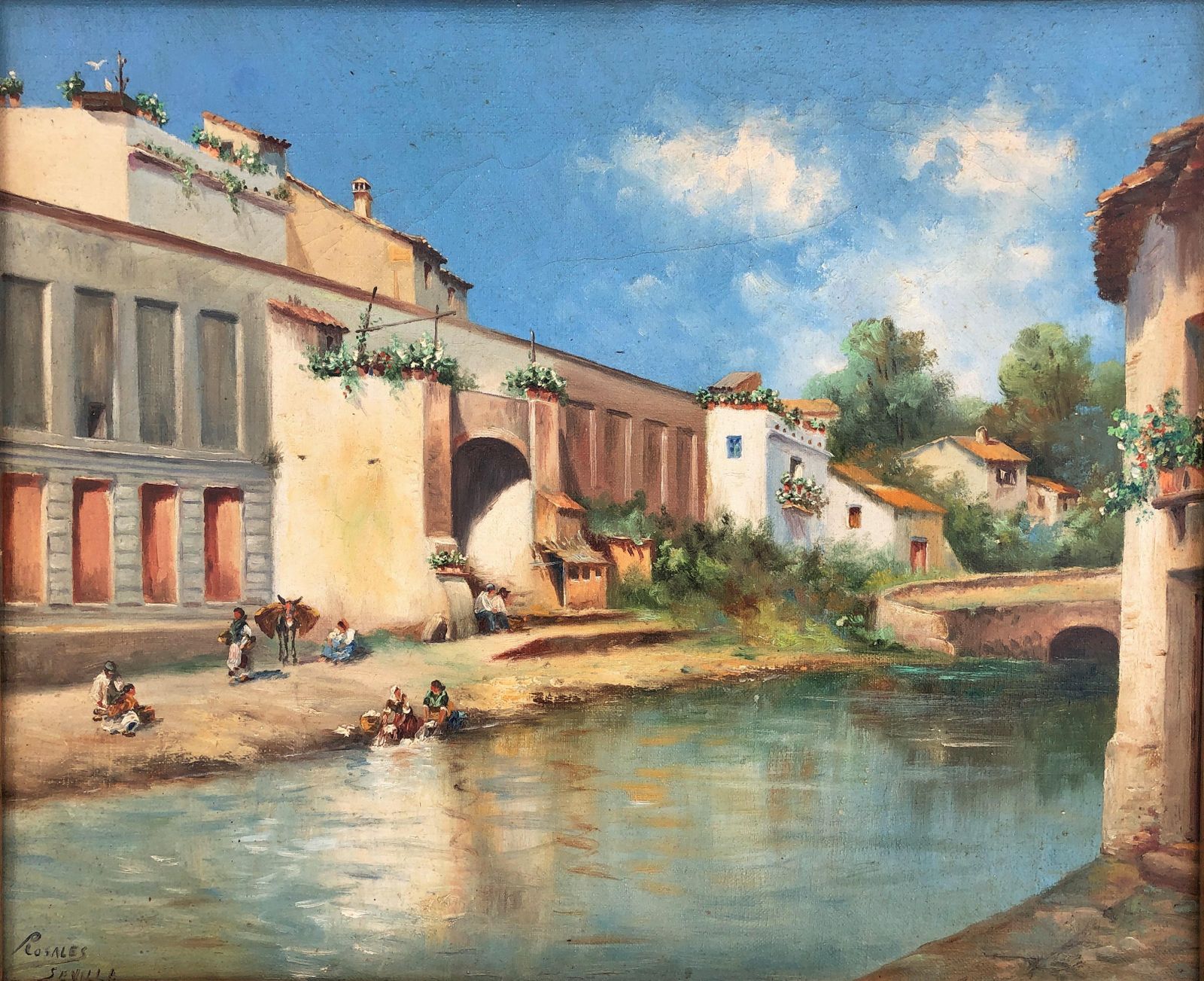 Carlota Rosales Martínez De Pedrosa Andalusian River Landscape Seville Guadalquivir Scene Figures Spanish Oil 1940