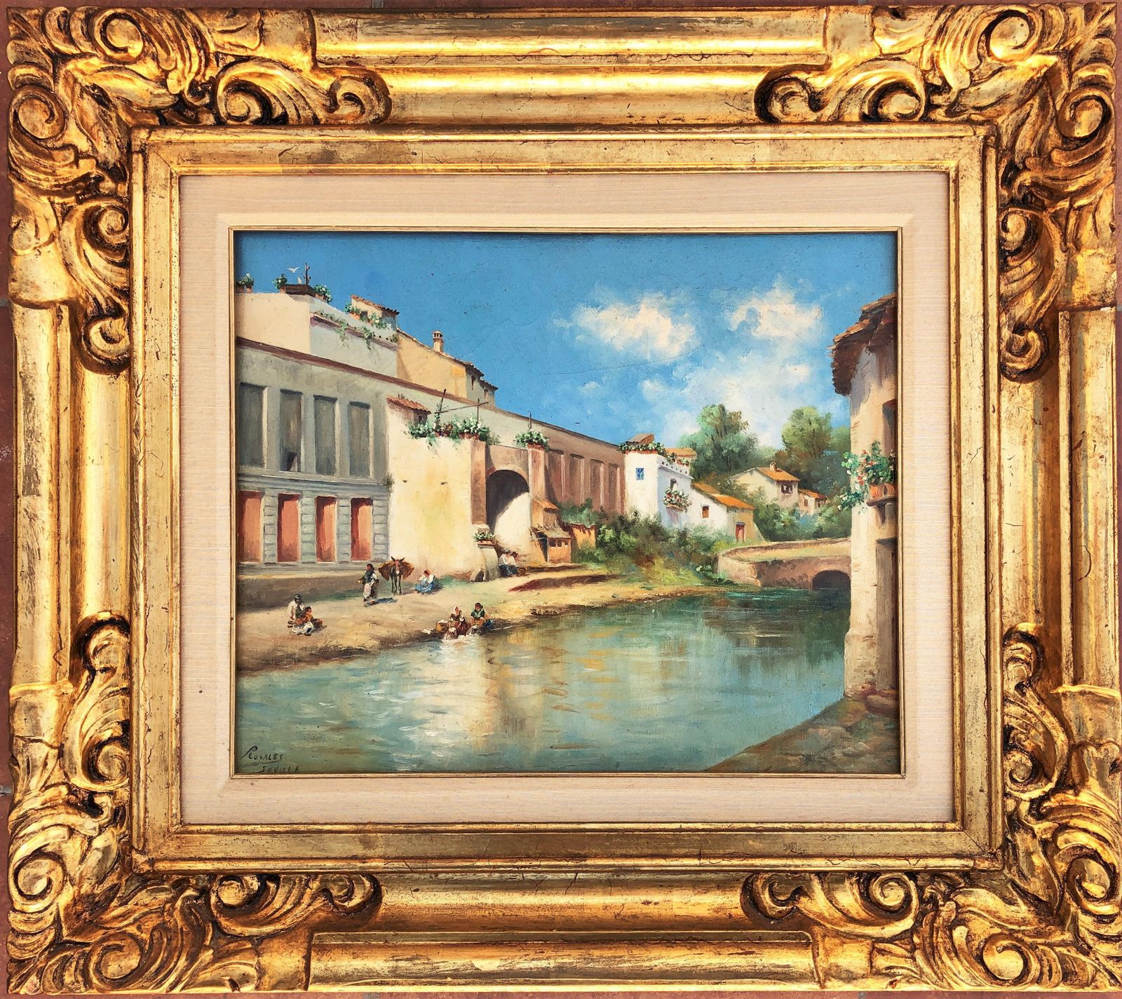Carlota Rosales Martínez De Pedrosa Andalusisch Rivierlandschap Sevilla Guadalquivir Met Figuren Spaans Olieverfschilderij 1940 photo furniture