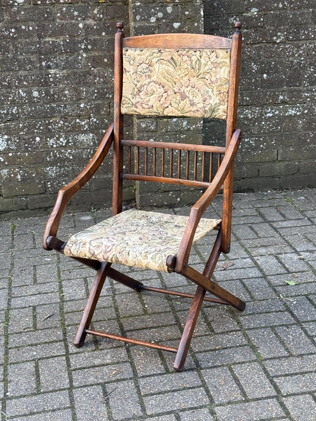 Antique Edwardian Folding Campaign Armchair With Floral Upholstery, Camping Chair Antique photo for sale