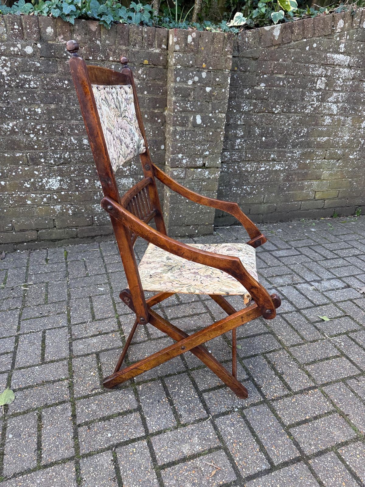 Antique Edwardian Folding Campaign Armchair With Floral Upholstery, Camping Chair Antique photo 245.0