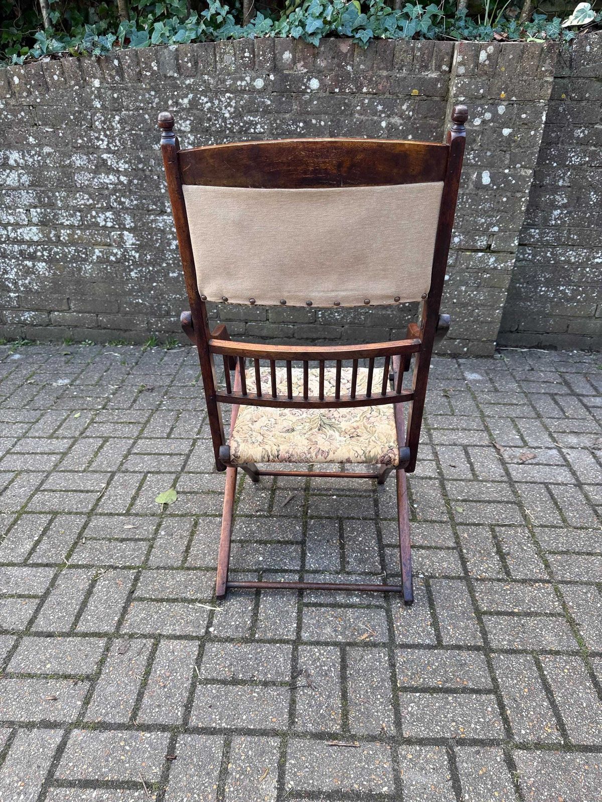 Antique Edwardian Folding Campaign Armchair With Floral Upholstery, Camping Chair Antique photo vinterior