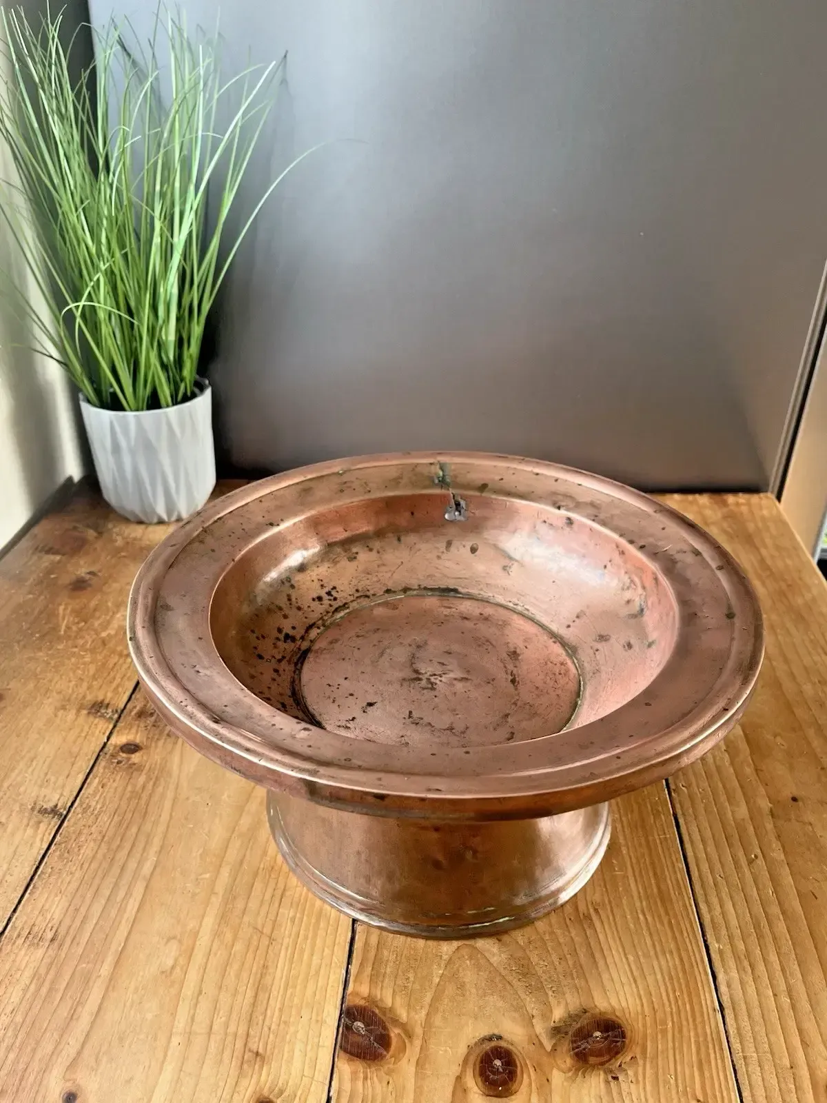 Antique Arts & Crafts Heavy Copper Pedestal Fruit Bowl Basin Tazza Stand Rustic photo for sale