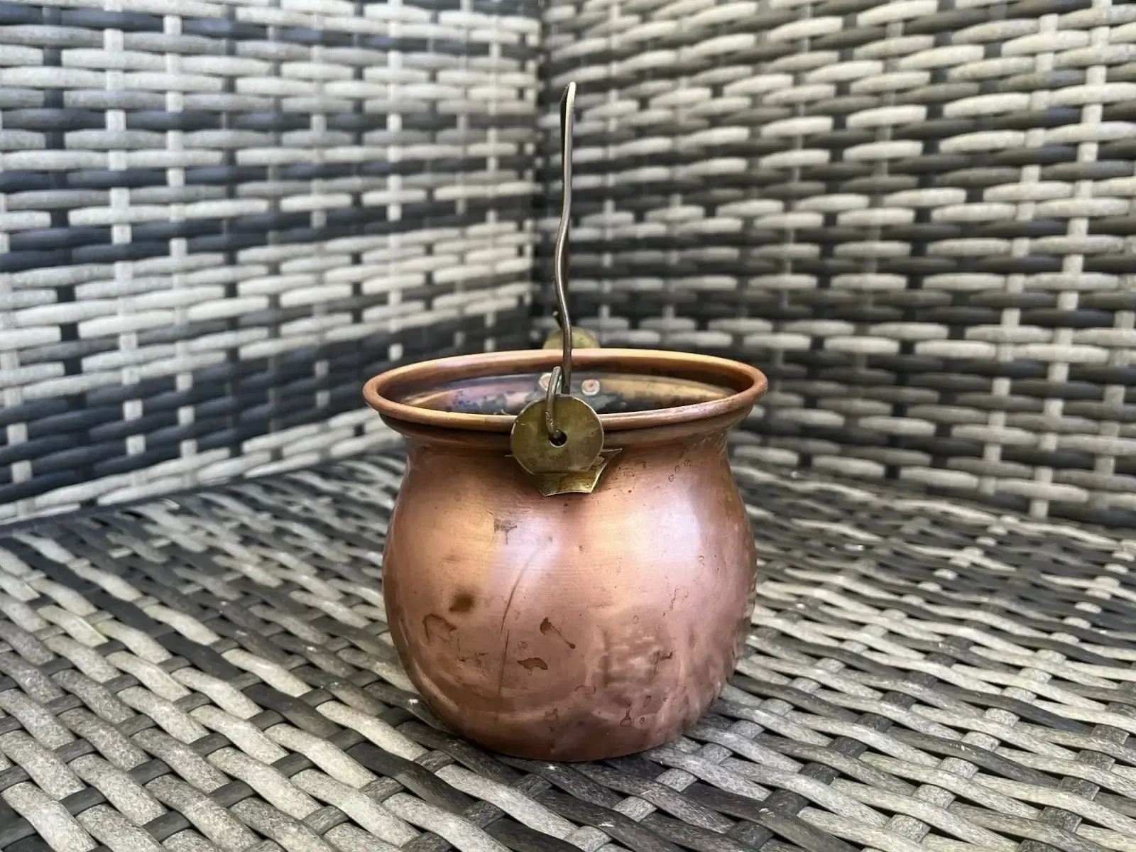Antique French Art Nouveau Copper & Brass Cauldron Hanging Planter Plant Pot photo vintage