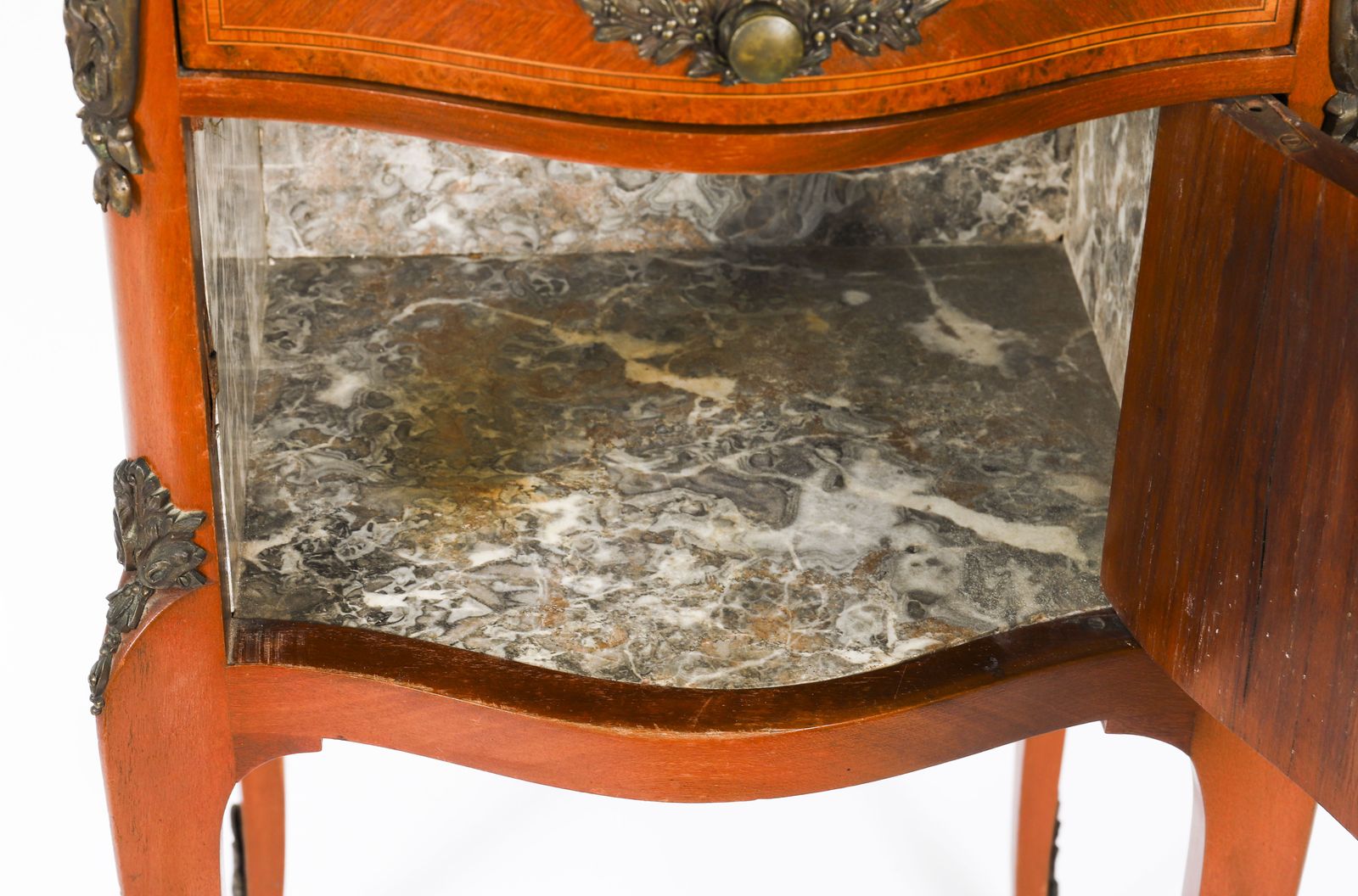 photo for sale Antique Pair French Louis XV Parquetry Bombe Bedside Cabinets 19th C