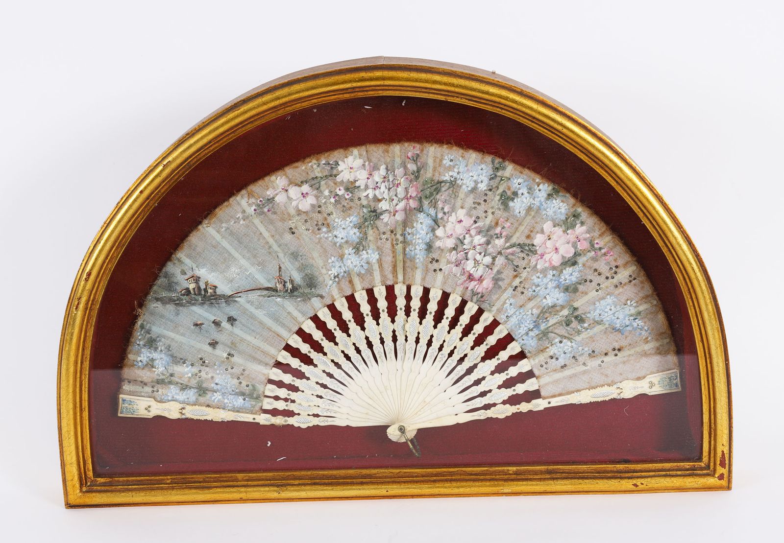 Antique French Framed Hand Painted Silk Fan Gilded Box Frame Late 18th Century photo furniture