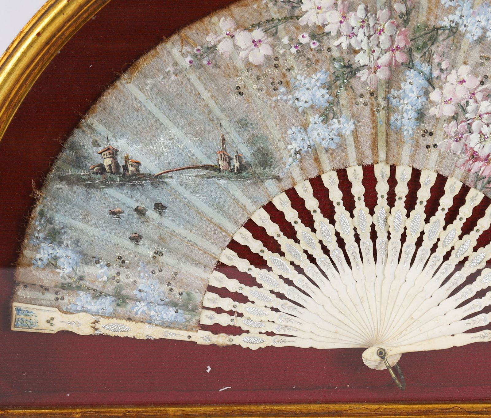Antique French Framed Hand Painted Silk Fan Gilded Box Frame Late 18th Century photo for sale