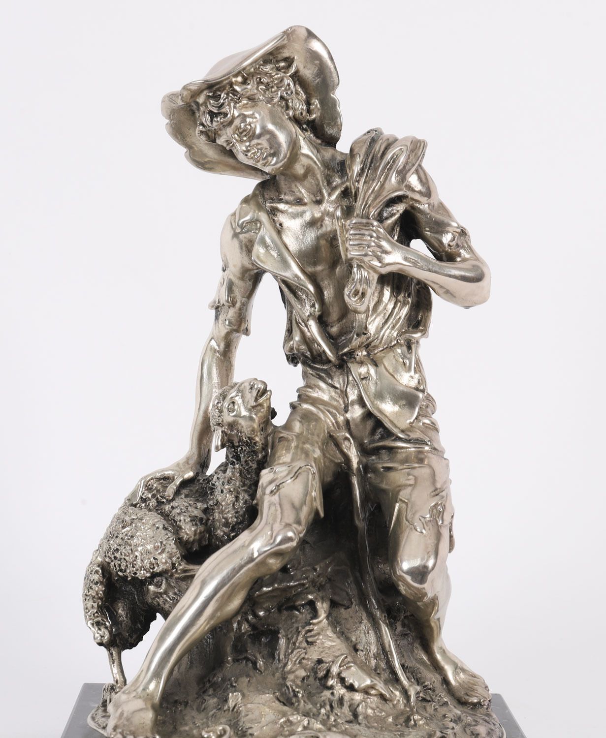photo furniture Antique Italian Silvered Bronze Sculpture Shepherd And Lamb 19th C