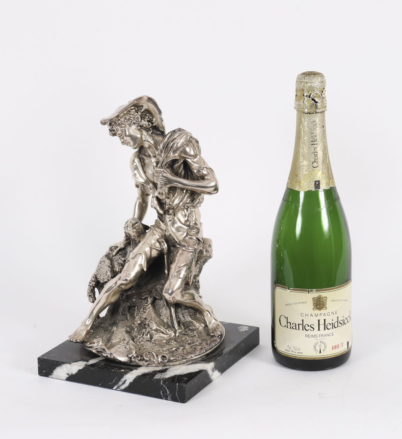 photo buy Antique Italian Silvered Bronze Sculpture Shepherd And Lamb 19th C