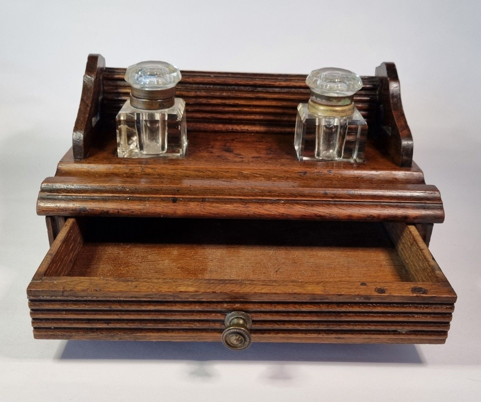 Antique Wooden Galleried Desk Tidy Glass Inkwells Drawer Stationary Stand Box photo furniture