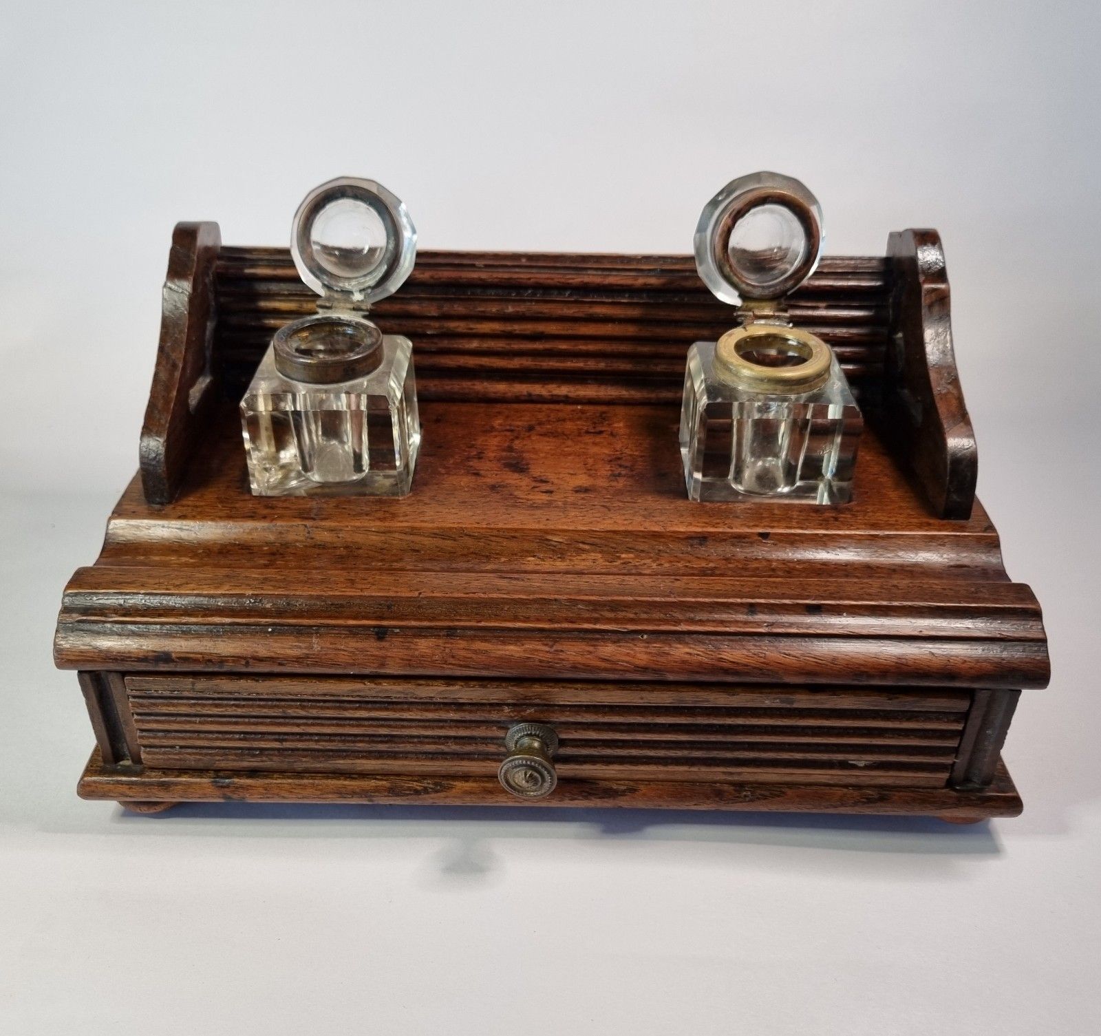 Home Decor Antique Wooden Galleried Desk Tidy Glass Inkwells Drawer Stationary Stand Box photo
