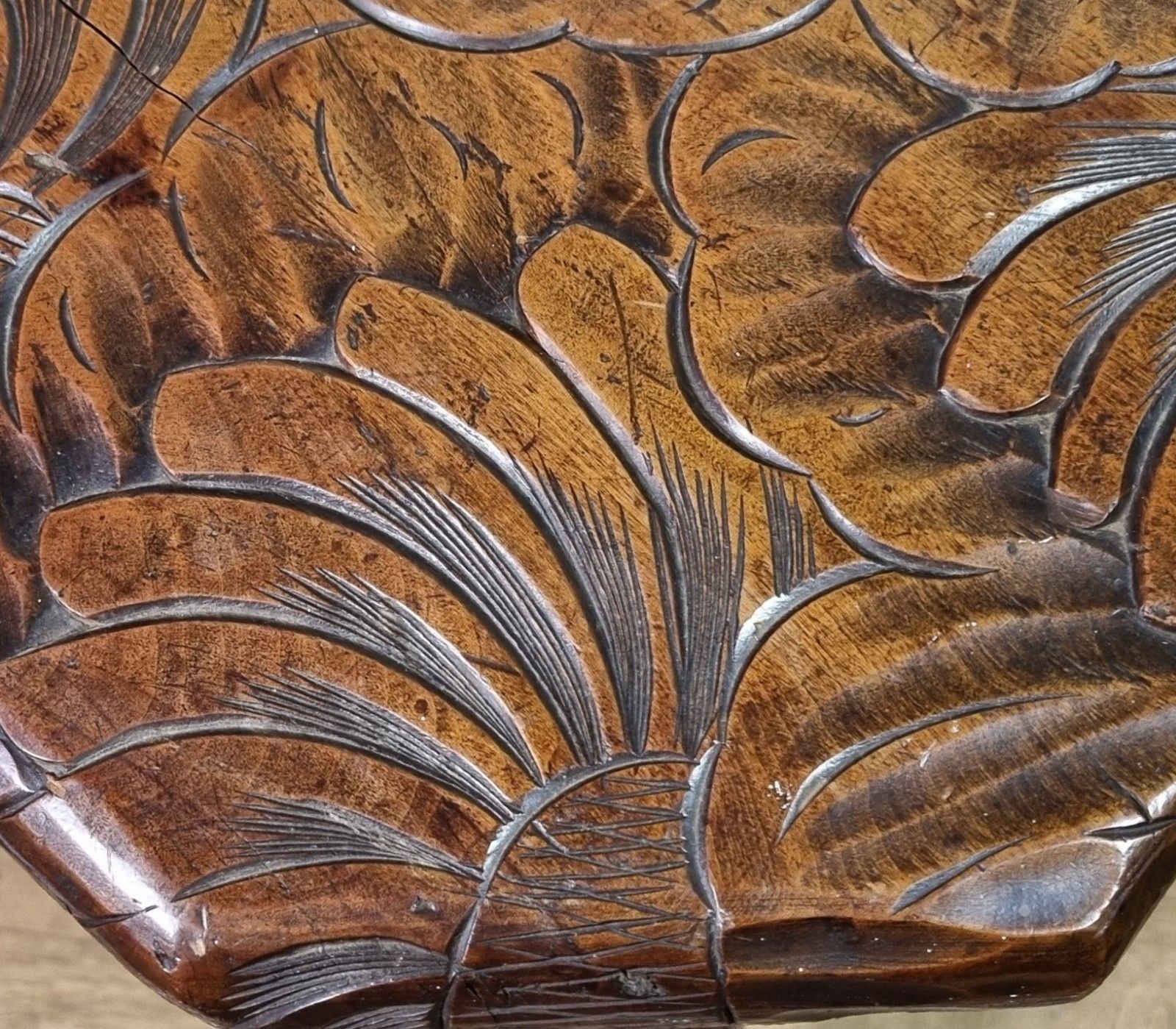 Vintage Wooden Stool Stand Arts & Crafts Libertys Japanese Floral Carved Top photo vinterior