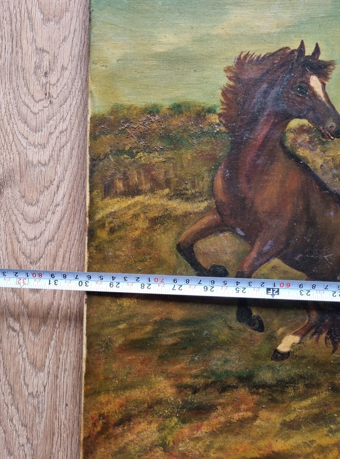 photo vinterior Large Vintage Oil Painting On Canvas Horses On Moorland Landscape Mid Century