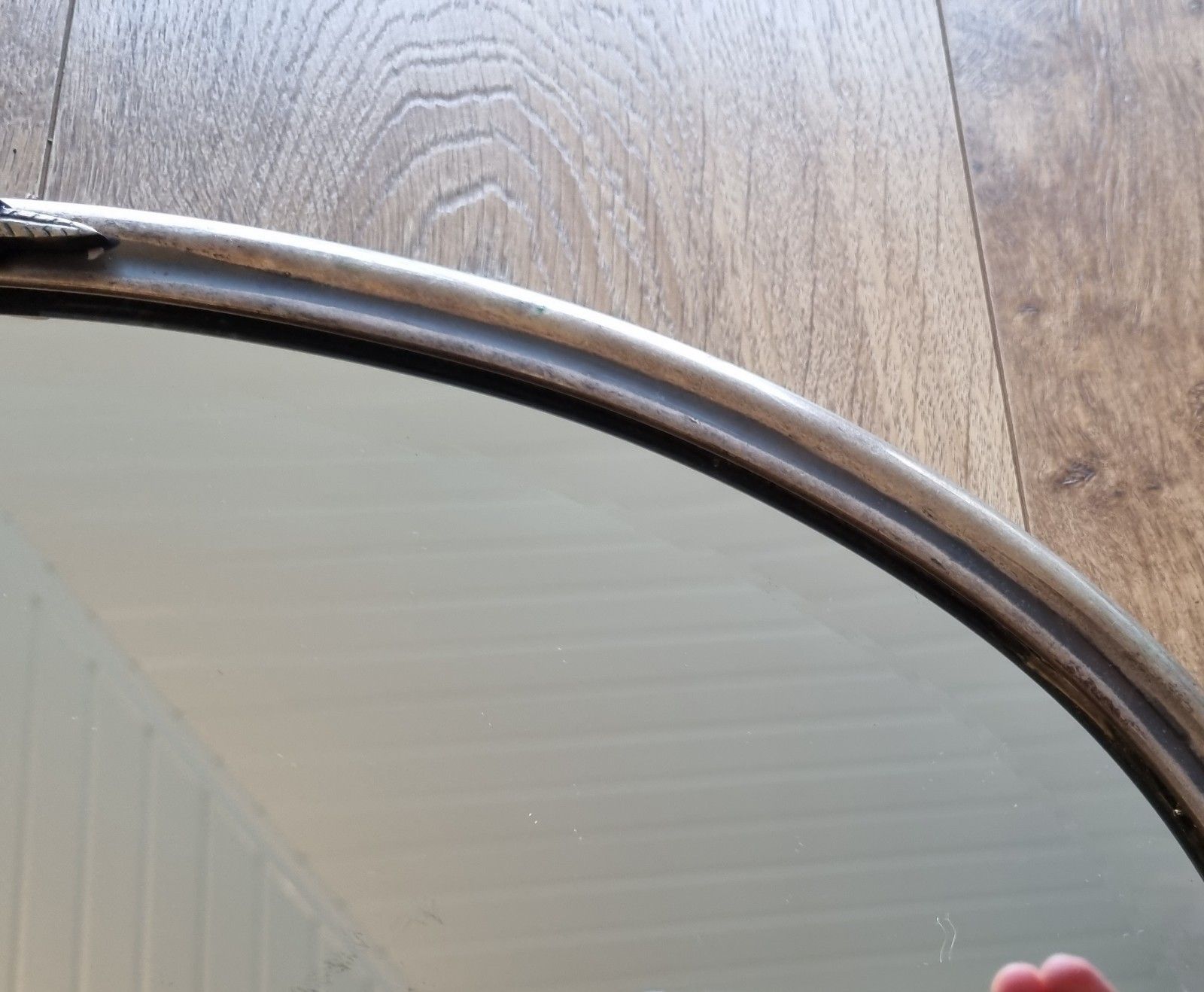 Early 20th Century Oval Silver Tone Metal Mirror Ornate Crest Bevelled Edge photo Home Decor