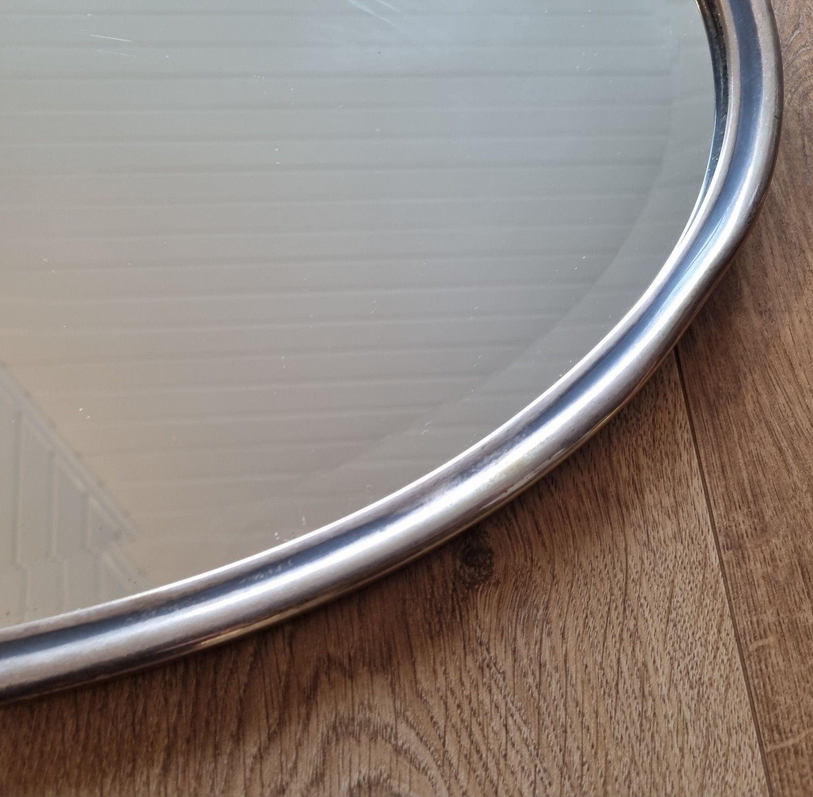 Early 20th Century Oval Silver Tone Metal Mirror Ornate Crest Bevelled Edge photo 85.0