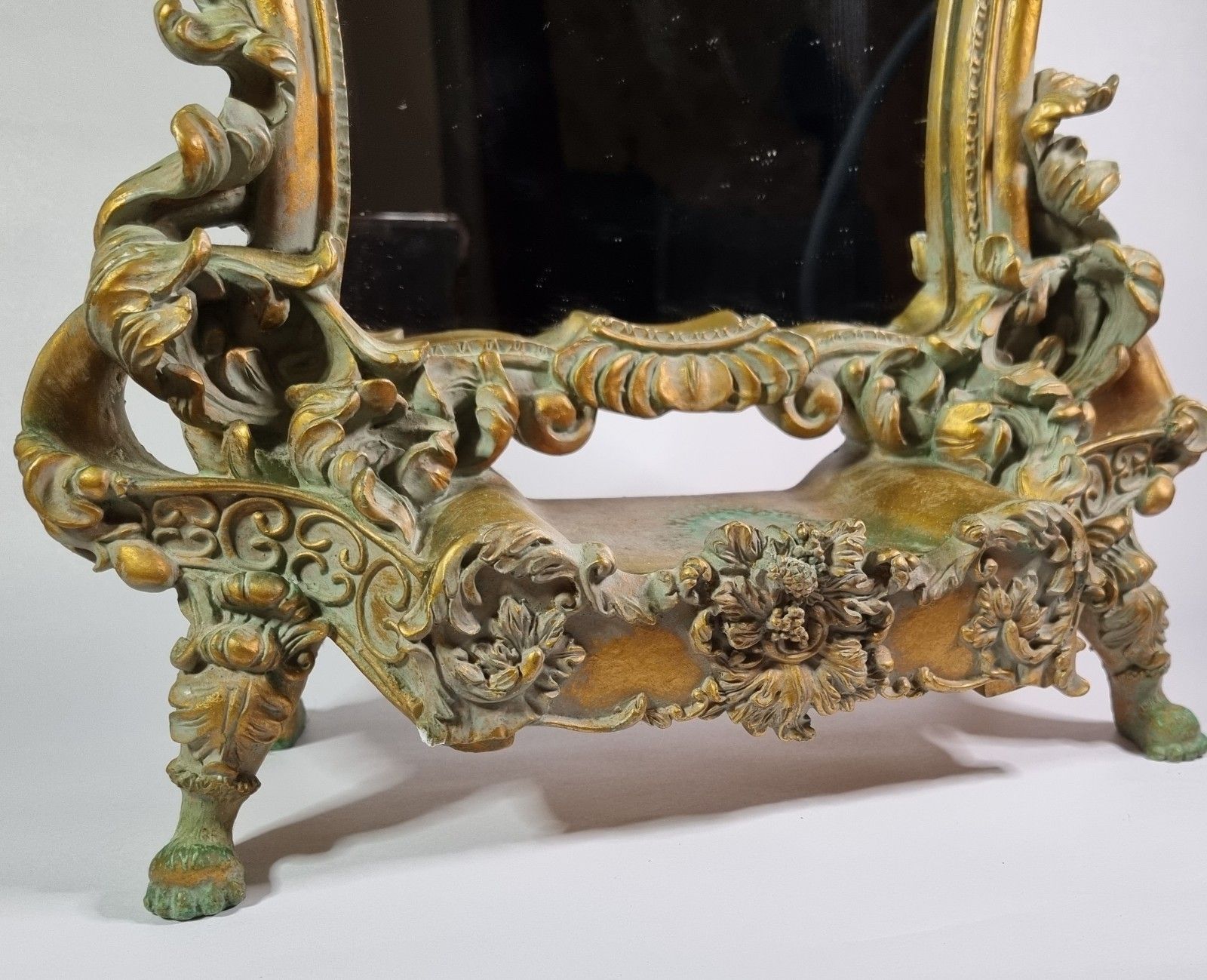 Small Ornate Gold Resin Dressing Table Mirror Freestanding Paw Feet Rococo Style photo for sale