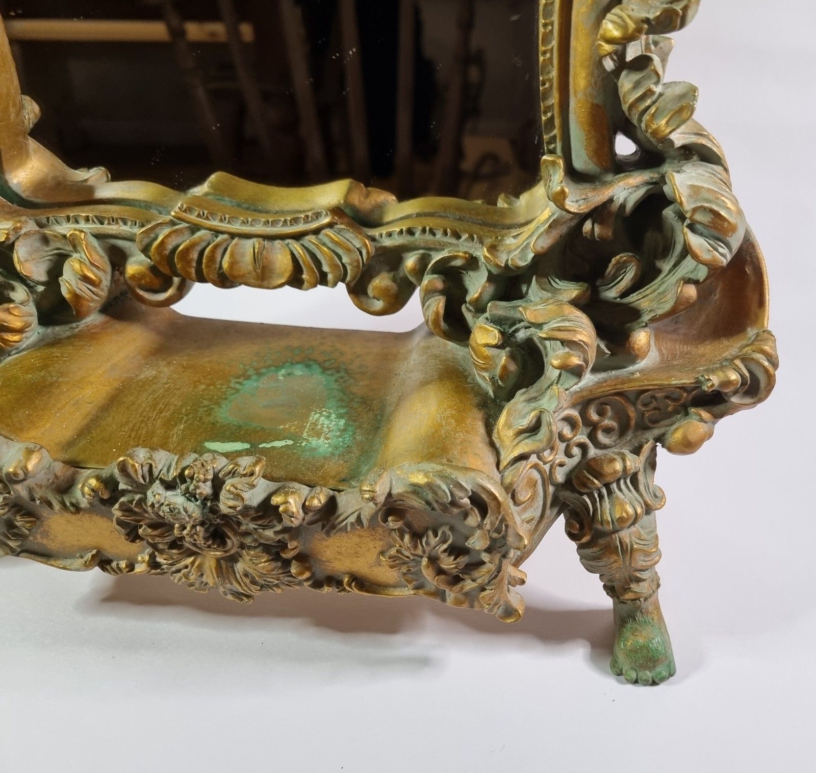 Small Ornate Gold Resin Dressing Table Mirror Freestanding Paw Feet Rococo Style photo vintage