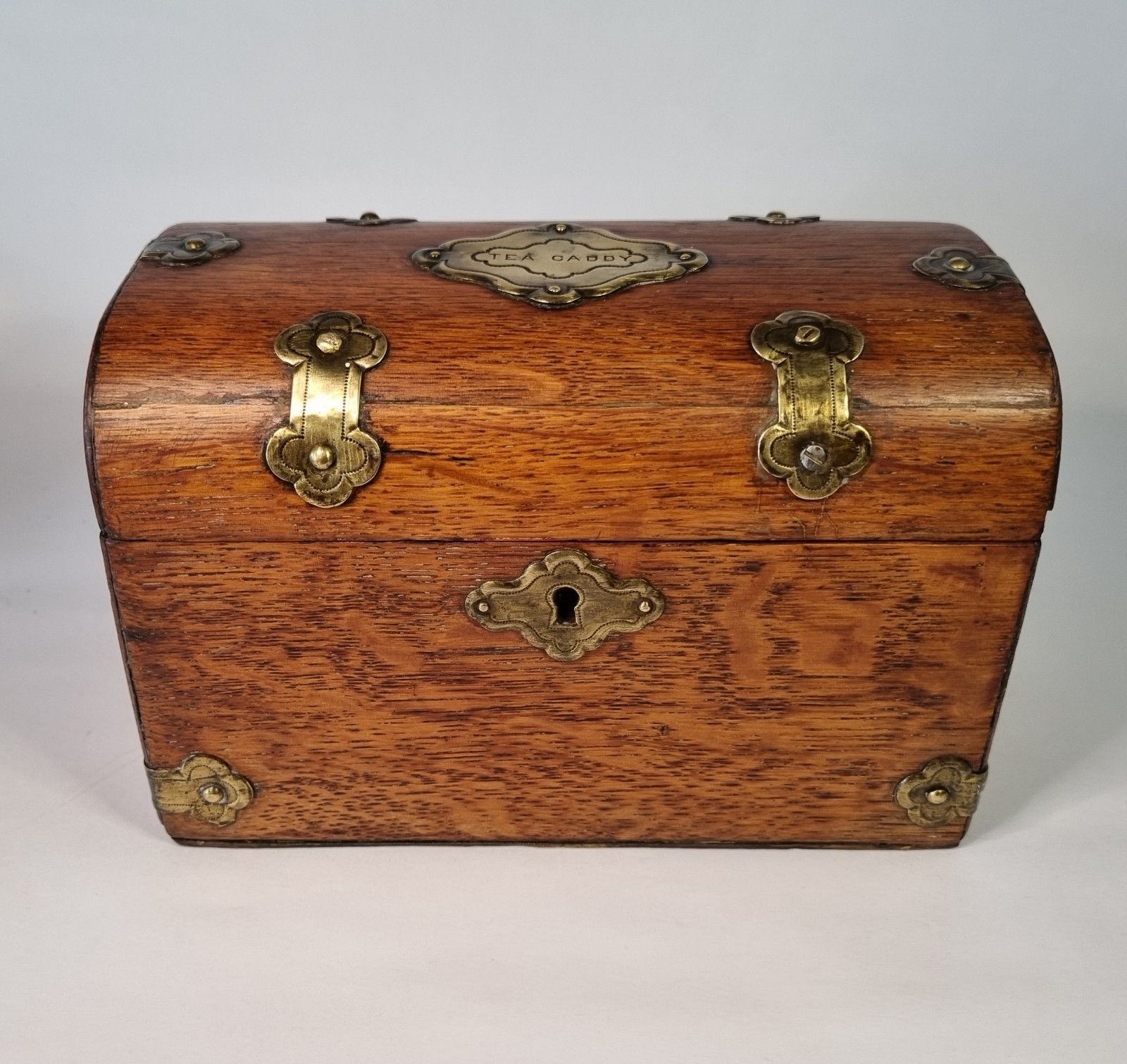 Small Antique Tea Caddy Wooden With Brass Mounts Domed Top Two Compartments photo furniture