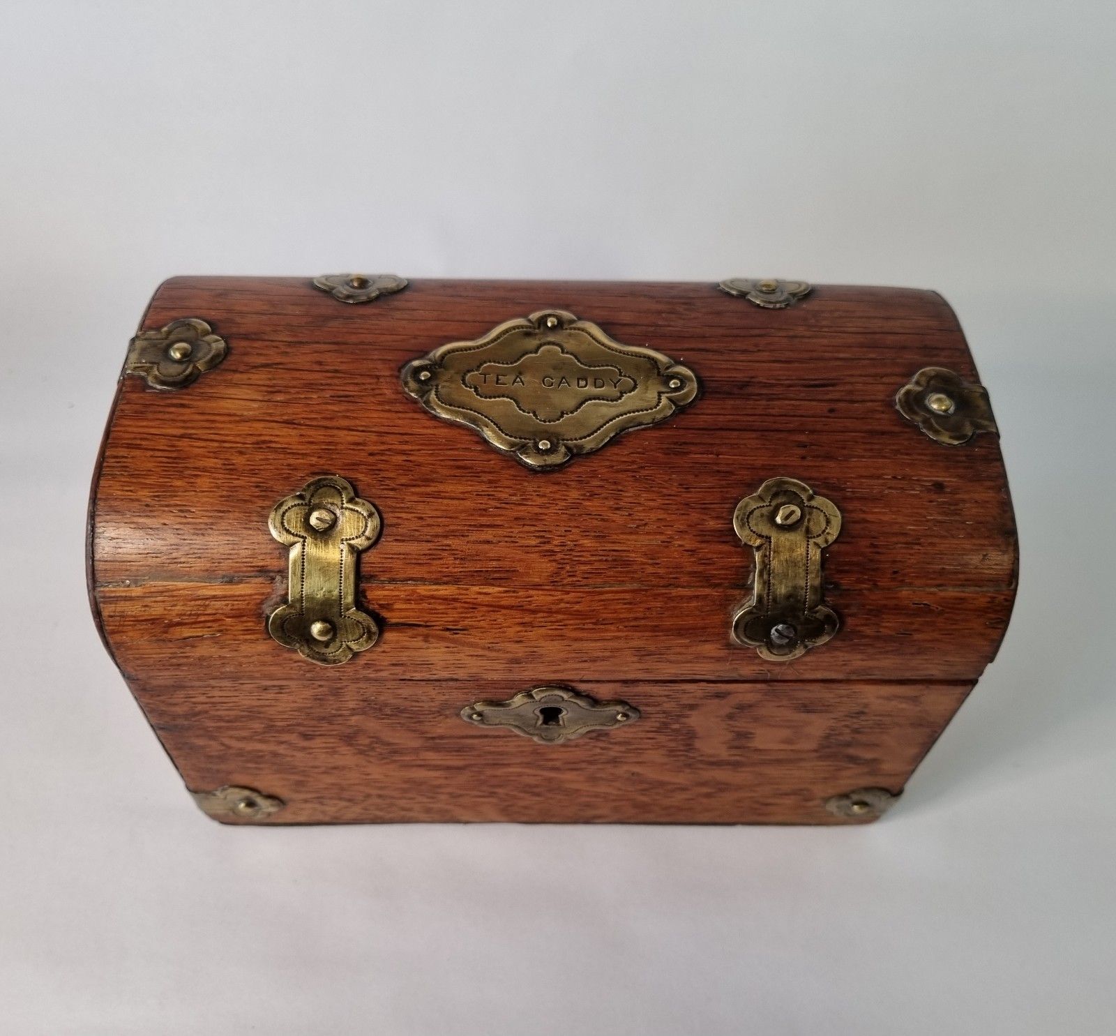 Small Antique Tea Caddy Wooden With Brass Mounts Domed Top Two Compartments photo for sale