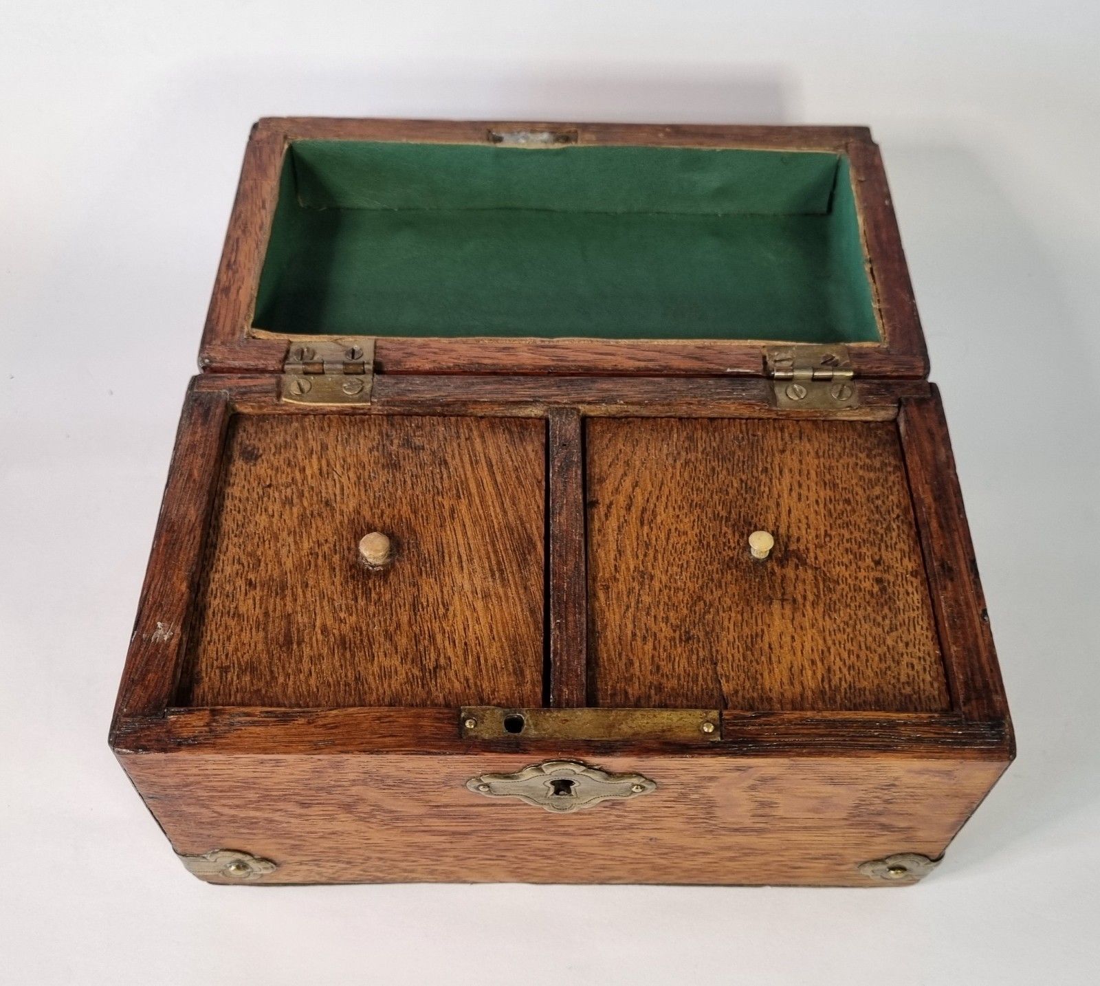 Small Antique Tea Caddy Wooden With Brass Mounts Domed Top Two Compartments photo vintage