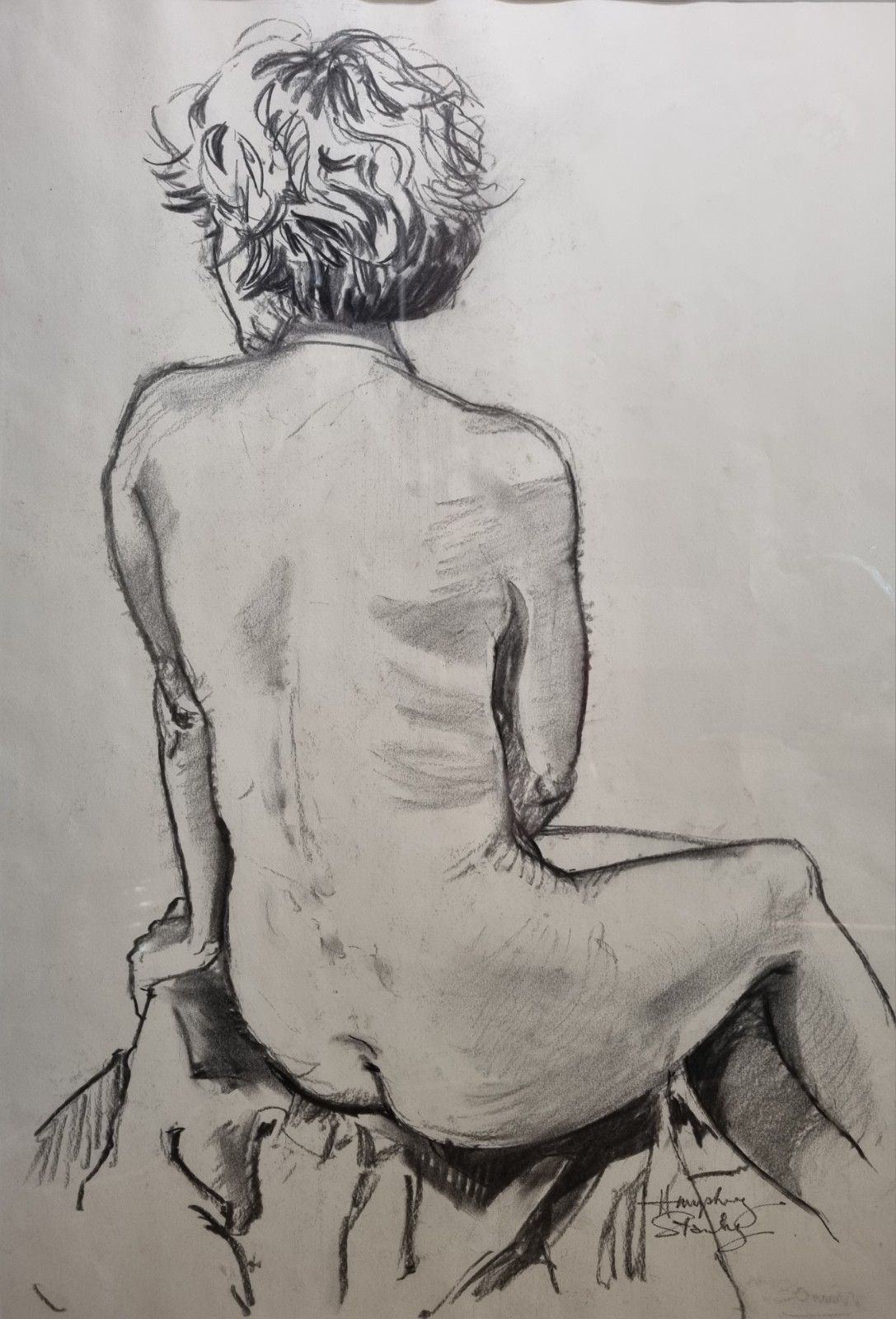 Large Framed Original Charcoal On Paper Life Drawing Nude Woman Female Signed photo for sale