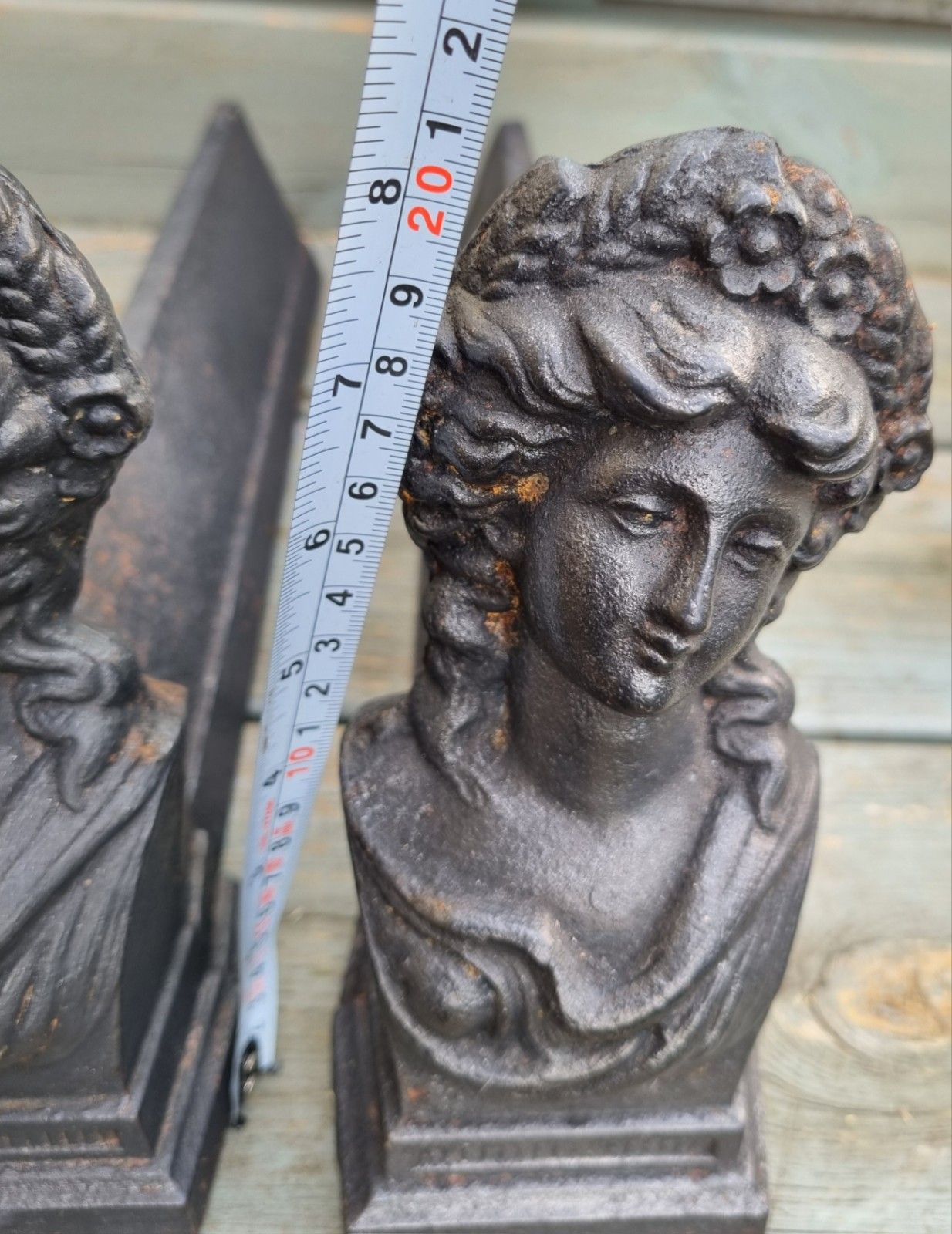 64.0 Vintage Pair Cast Iron French Figural Women Lady Bust Andirons Fire Dogs photo