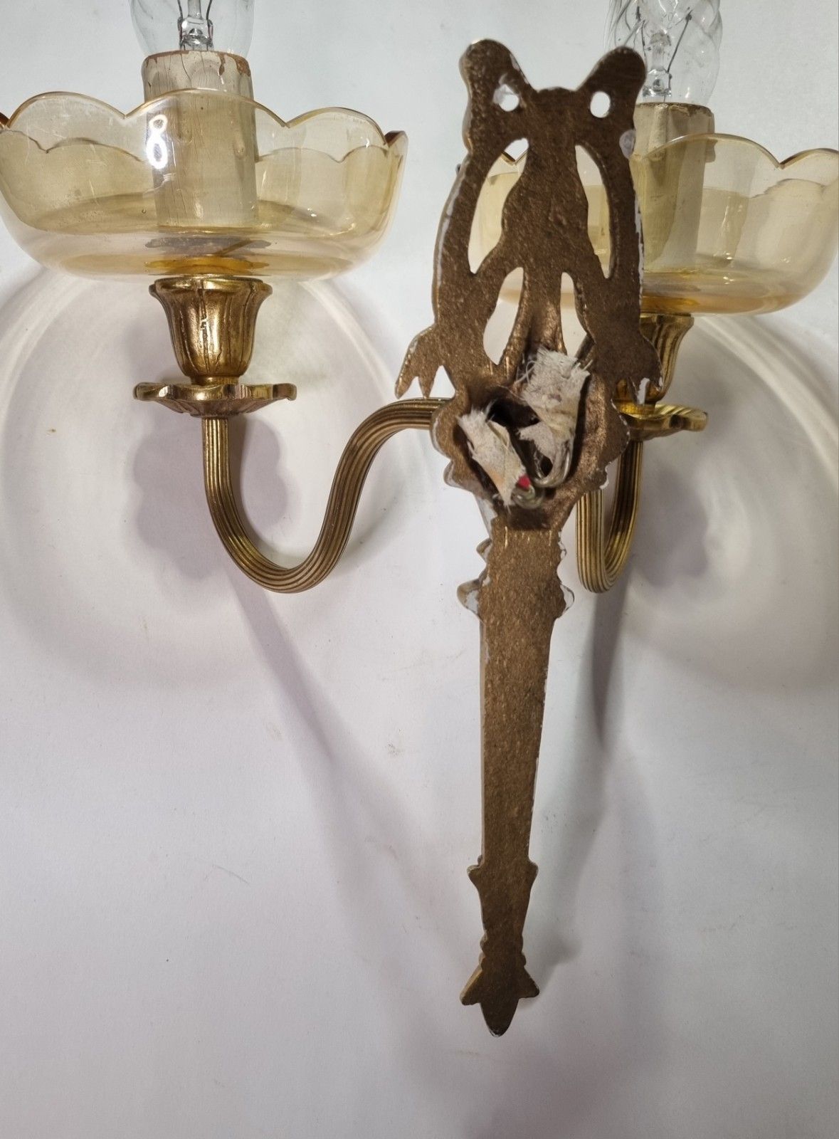 photo for sale Vintage French Rococo Style Sconce Wall Light & Glass Shades Gilt Metal Bow