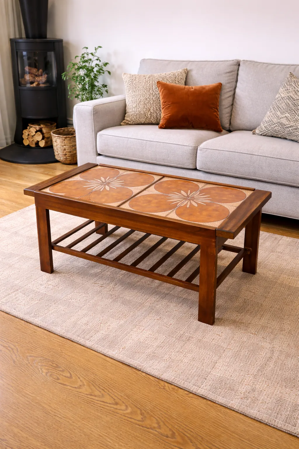 Mid Century Coffee Table – Teak Wood Floral Ceramic Tile Design & Lower Shelf