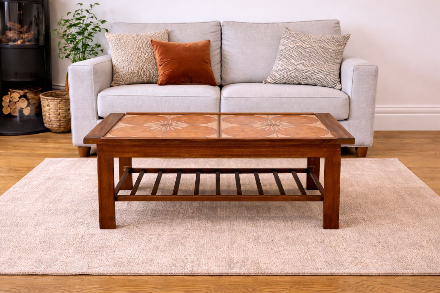 Mid Century Coffee Table – Teak Wood Floral Ceramic Tile Design & Lower Shelf photo furniture