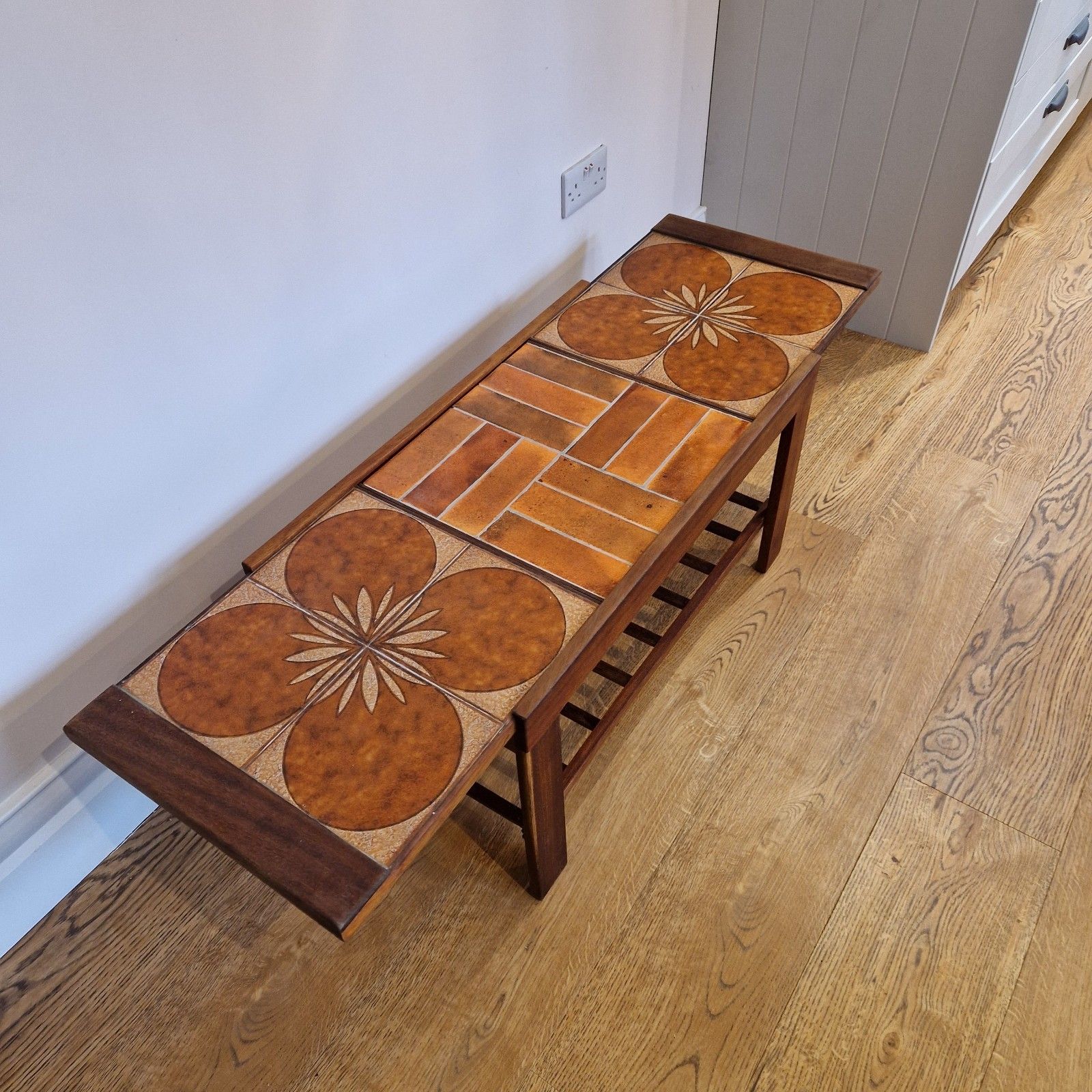 photo for sale Mid Century Coffee Table – Teak Wood Floral Ceramic Tile Design & Lower Shelf