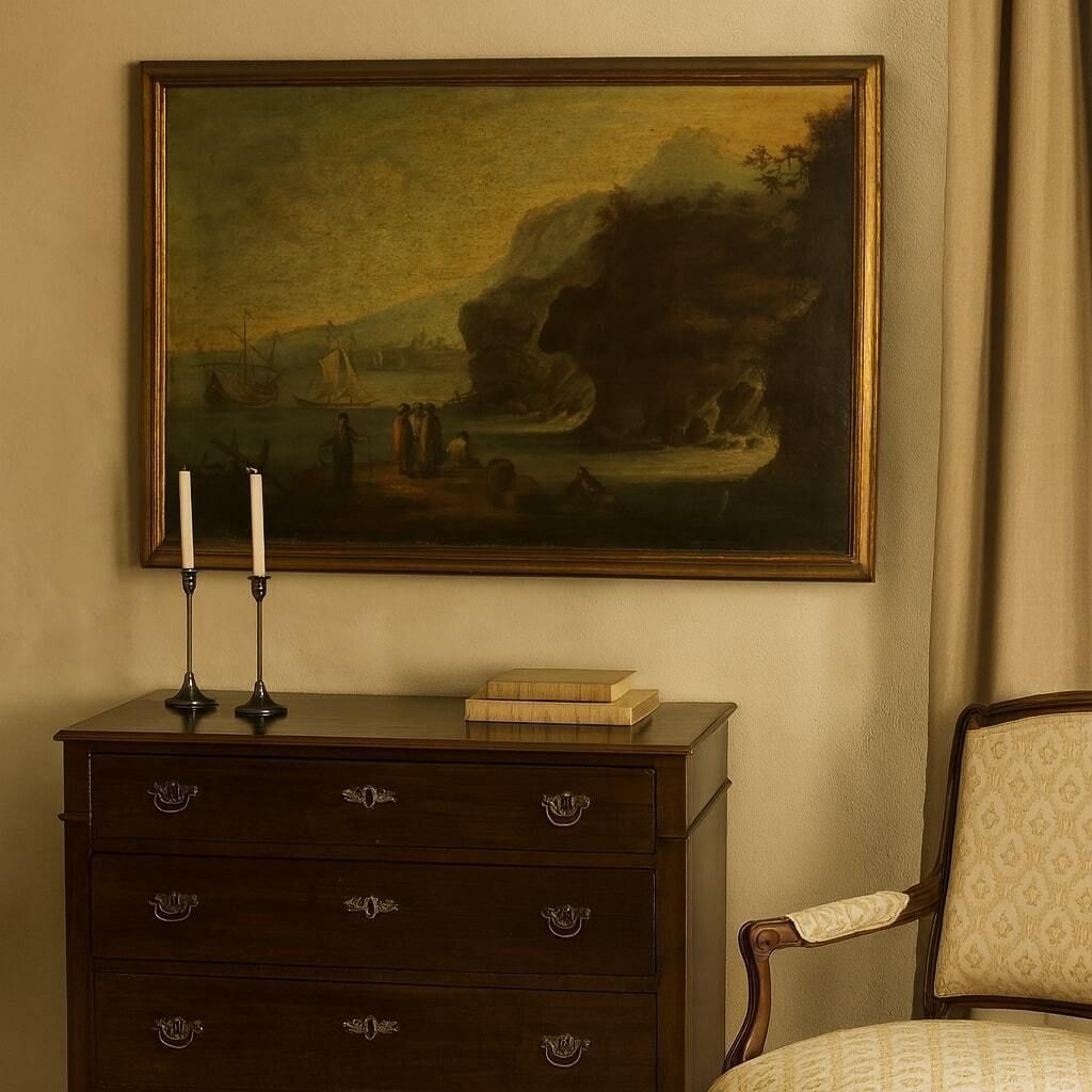 Sea Landscape With Figures Oil On Canvas '700 Art Ancient Painting photo furniture