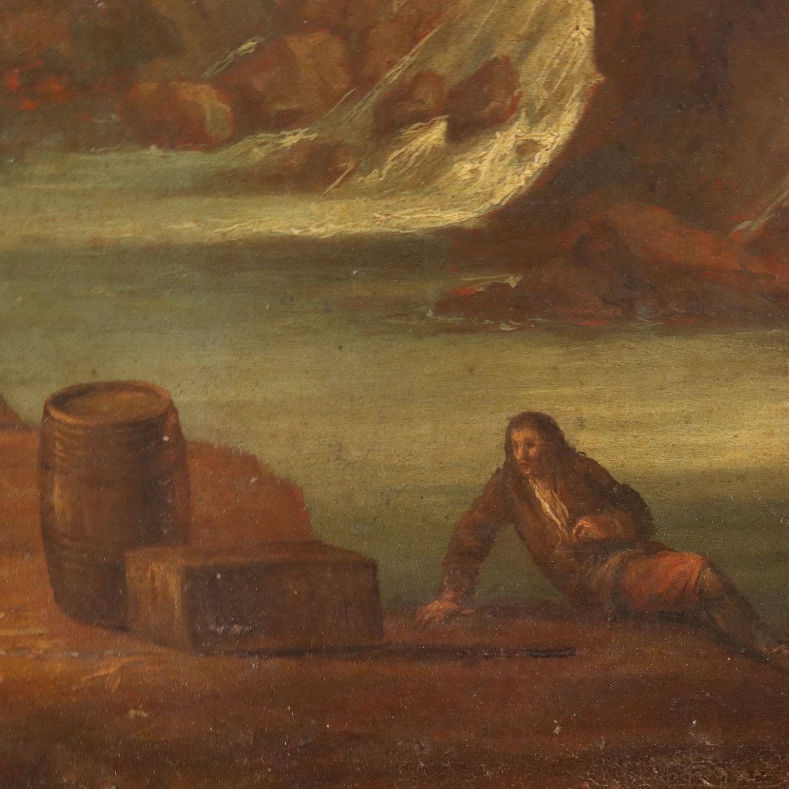 Sea Landscape With Figures Oil On Canvas '700 Art Ancient Painting photo 1740.0