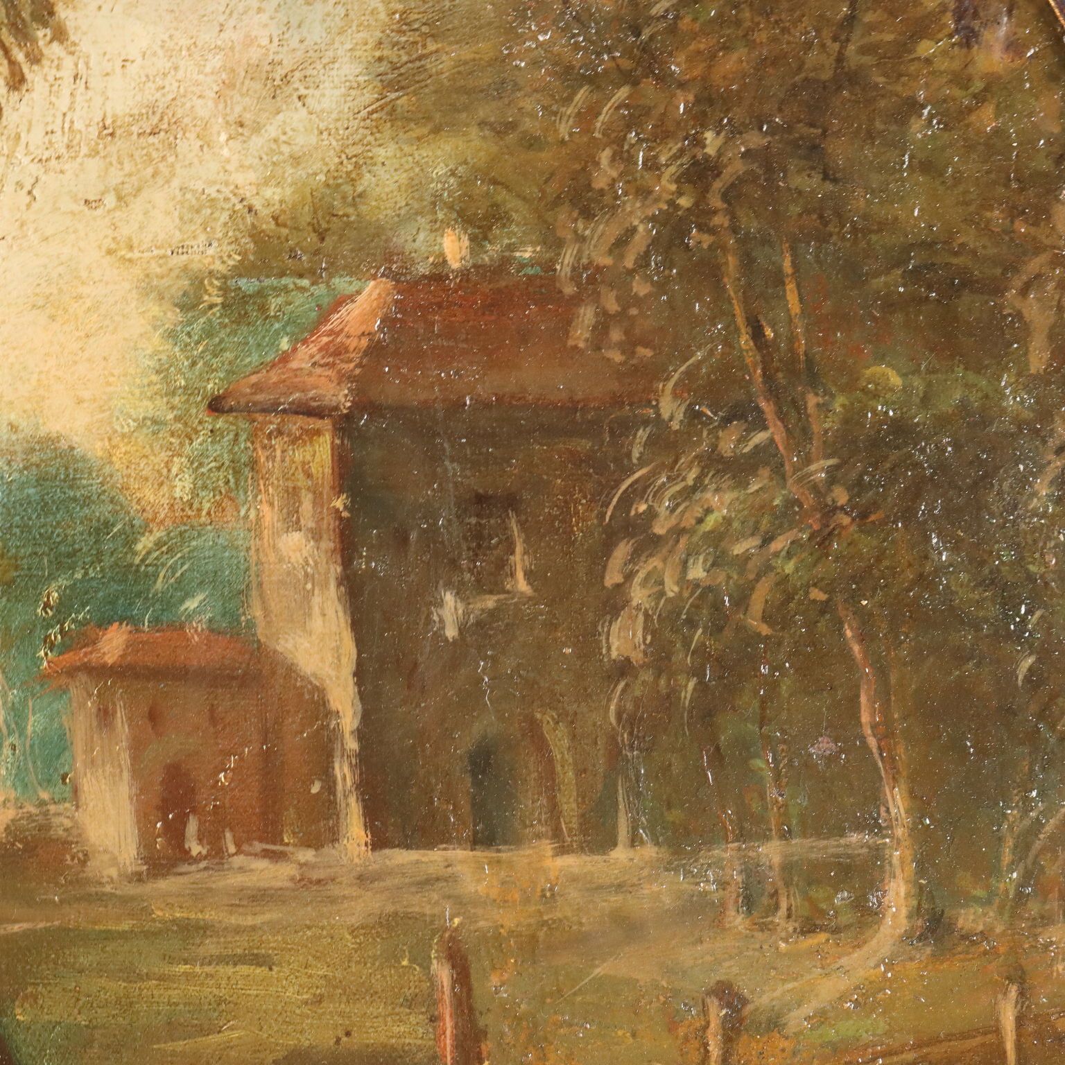 Oval Painting Landscape With Figures Oil On Canvas XIX XX Century photo vintage