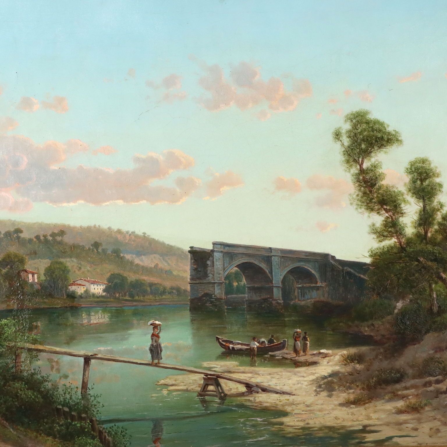Antique Painting Signed Emilio Donnini Landscape With River '800 photo for sale
