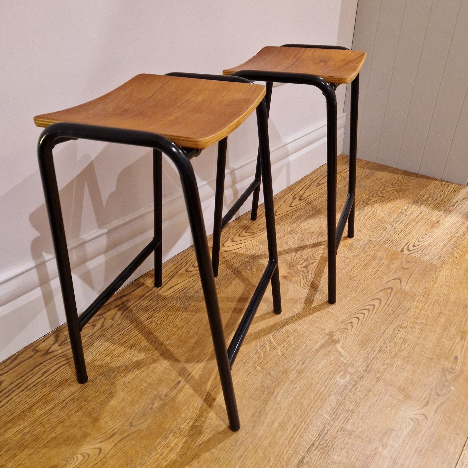 Vintage Restored Classroom Stools, Set Of 2, Industrial Metal & Wood photo 240.0
