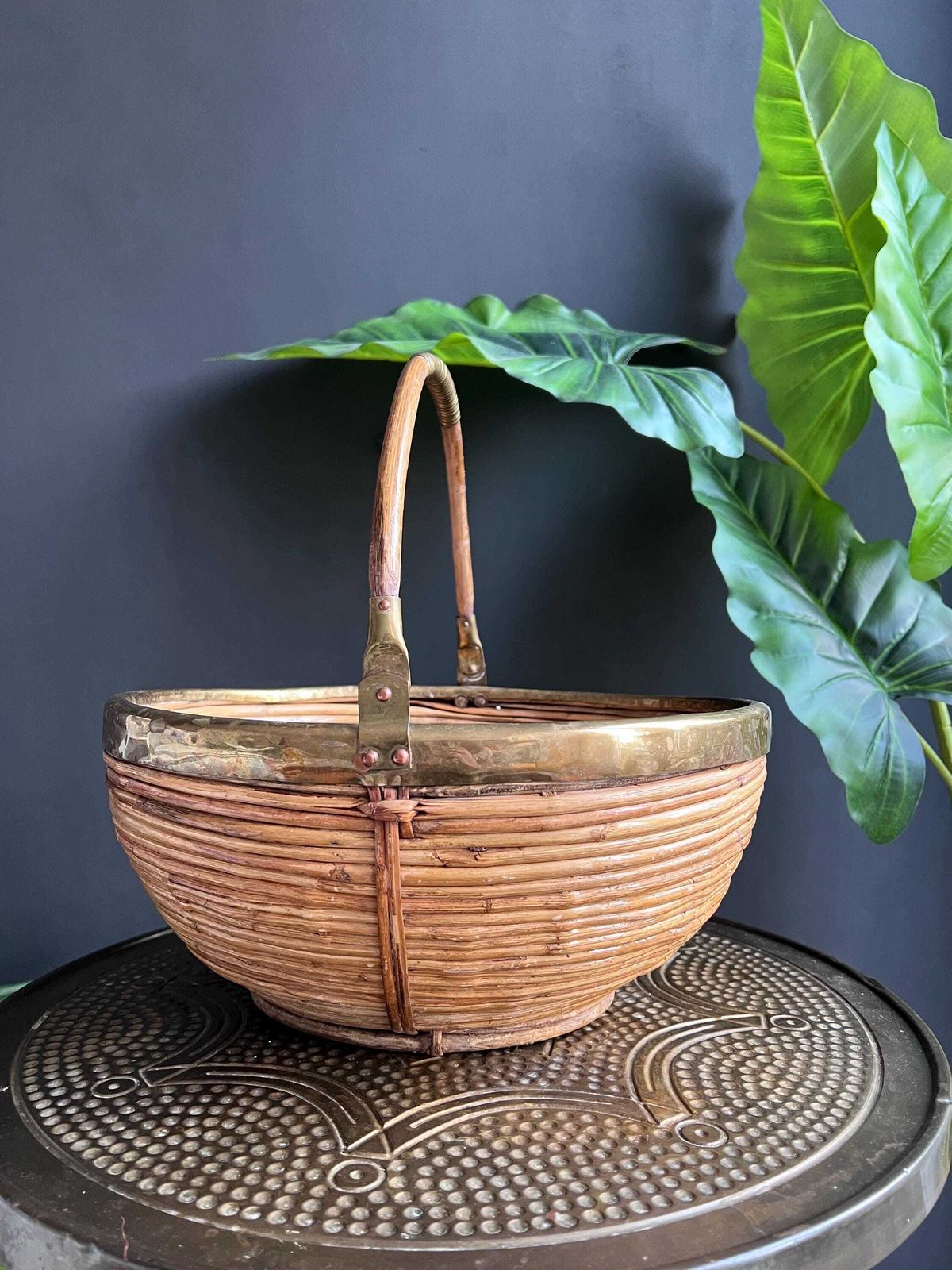 Vintage 1960s Pencil Reed And Brass Basket, Gabriella Crespi Style Decor