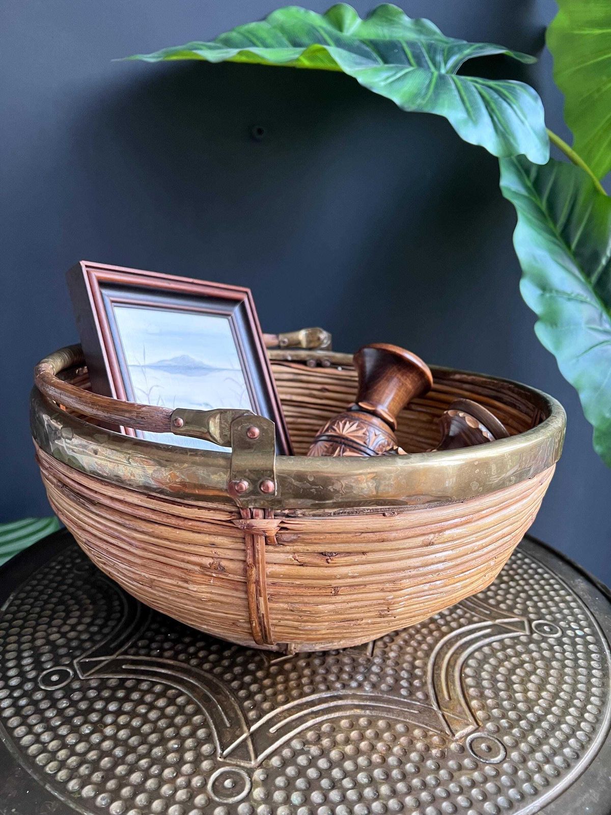 Vintage 1960s Pencil Reed And Brass Basket, Gabriella Crespi Style Decor photo 155.0