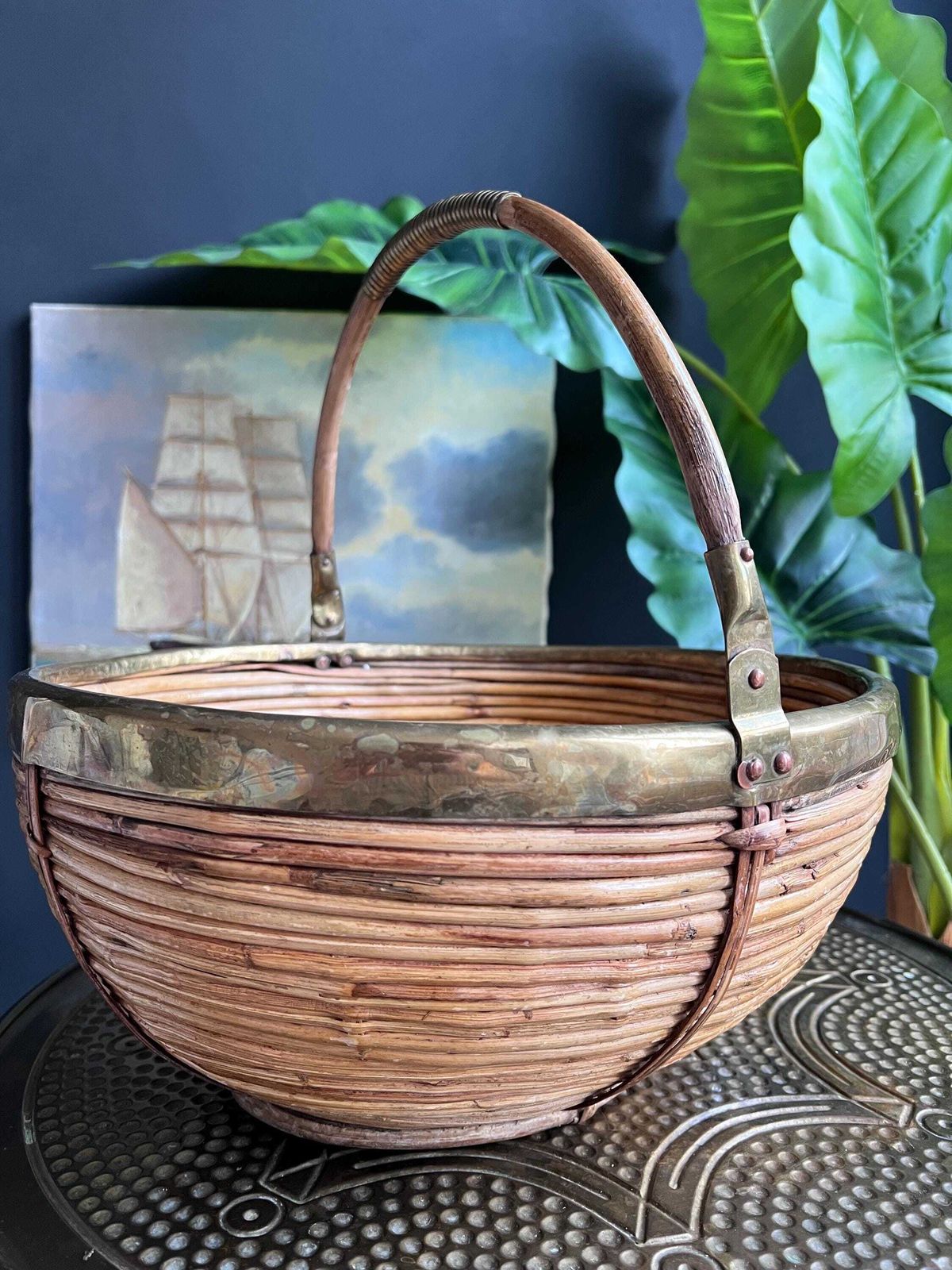 Vintage 1960s Pencil Reed And Brass Basket, Gabriella Crespi Style Decor photo vintage