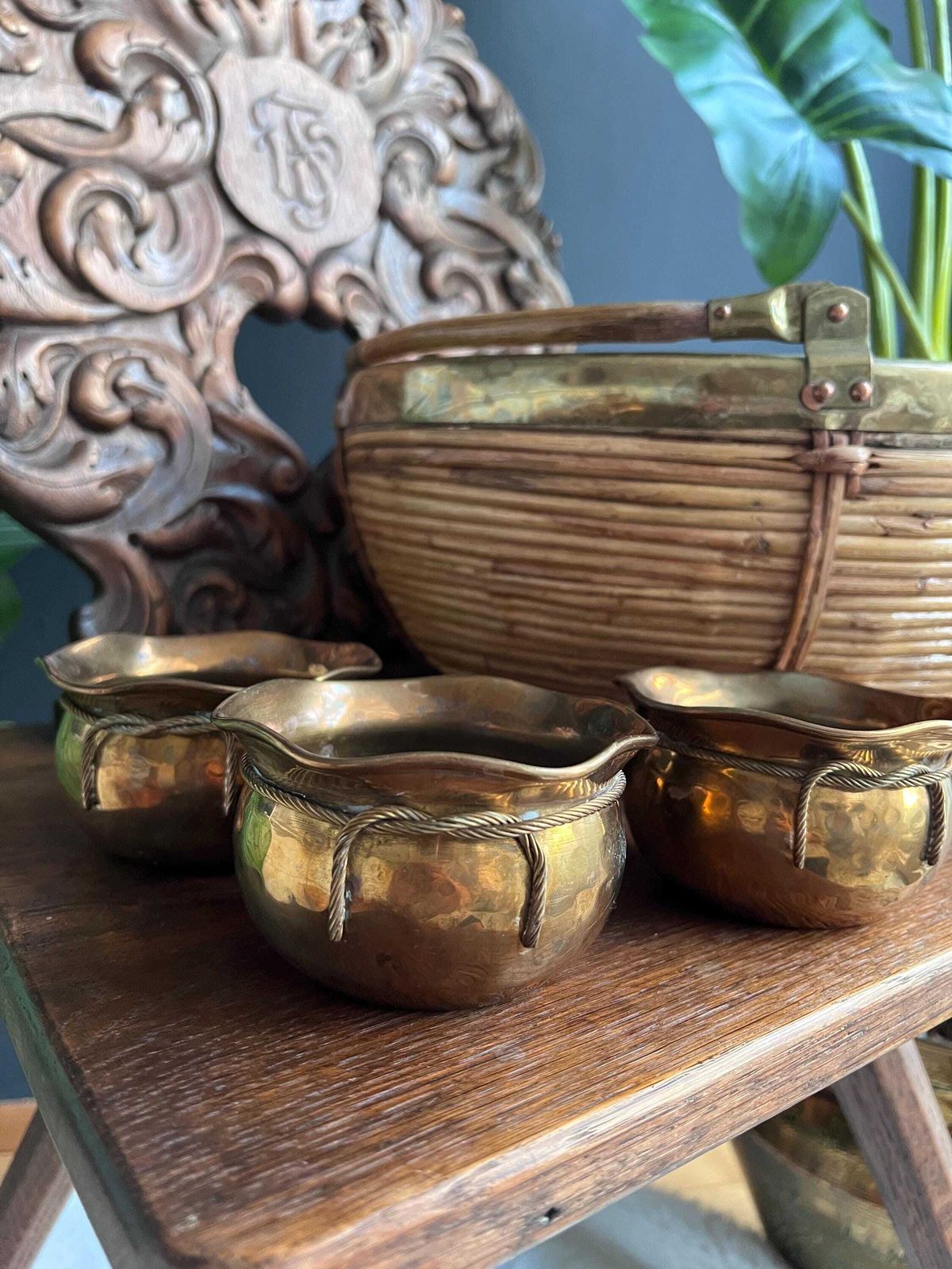 155.0 Vintage 1960s Pencil Reed And Brass Basket, Gabriella Crespi Style Decor photo