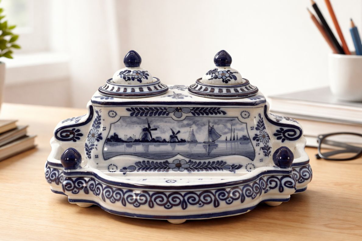 Dutch Delft Desktop Inkwell Stand Blue And White Faience Late 19th Century photo furniture