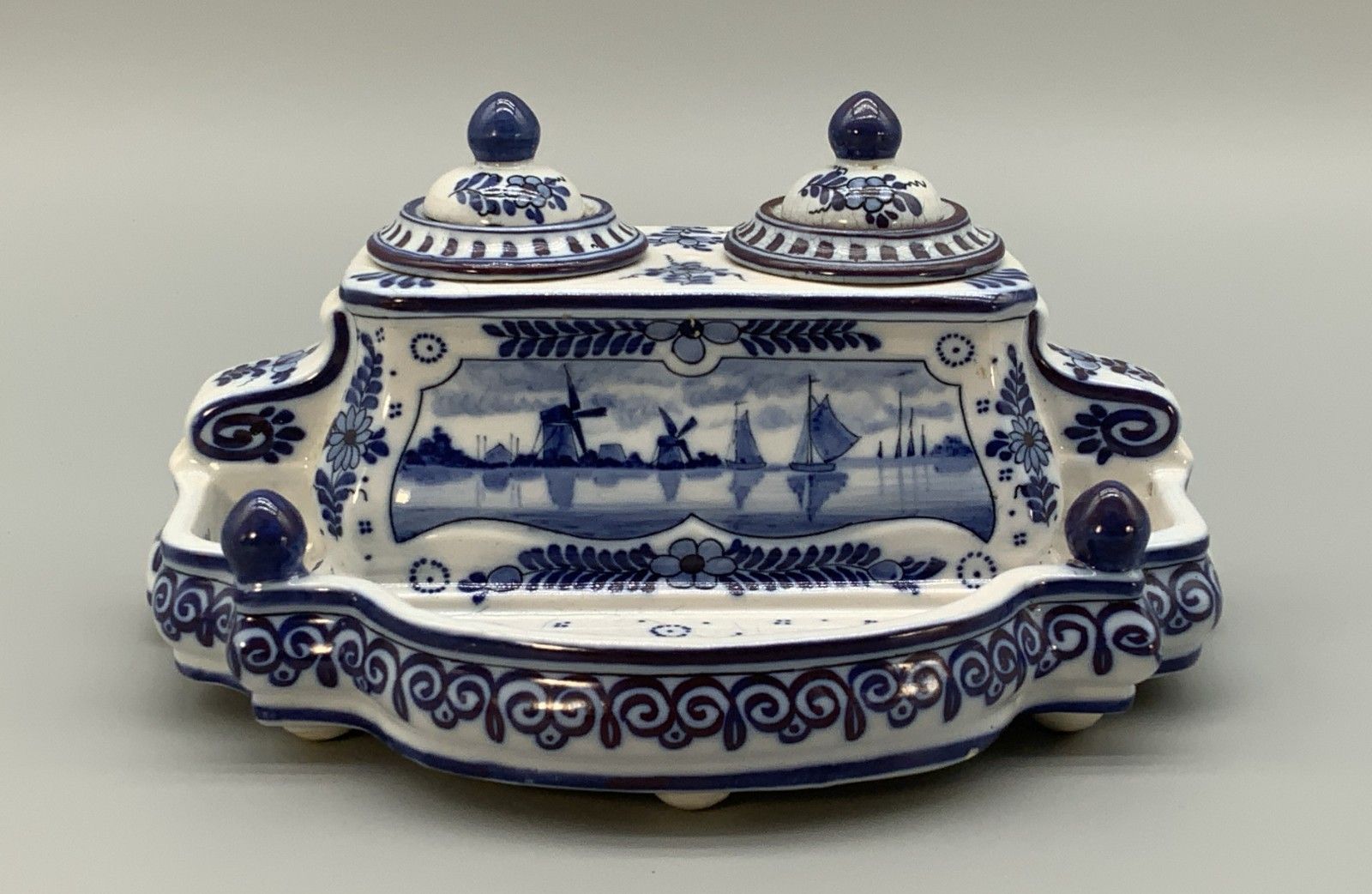 Dutch Delft Desktop Inkwell Stand Blue And White Faience Late 19th Century