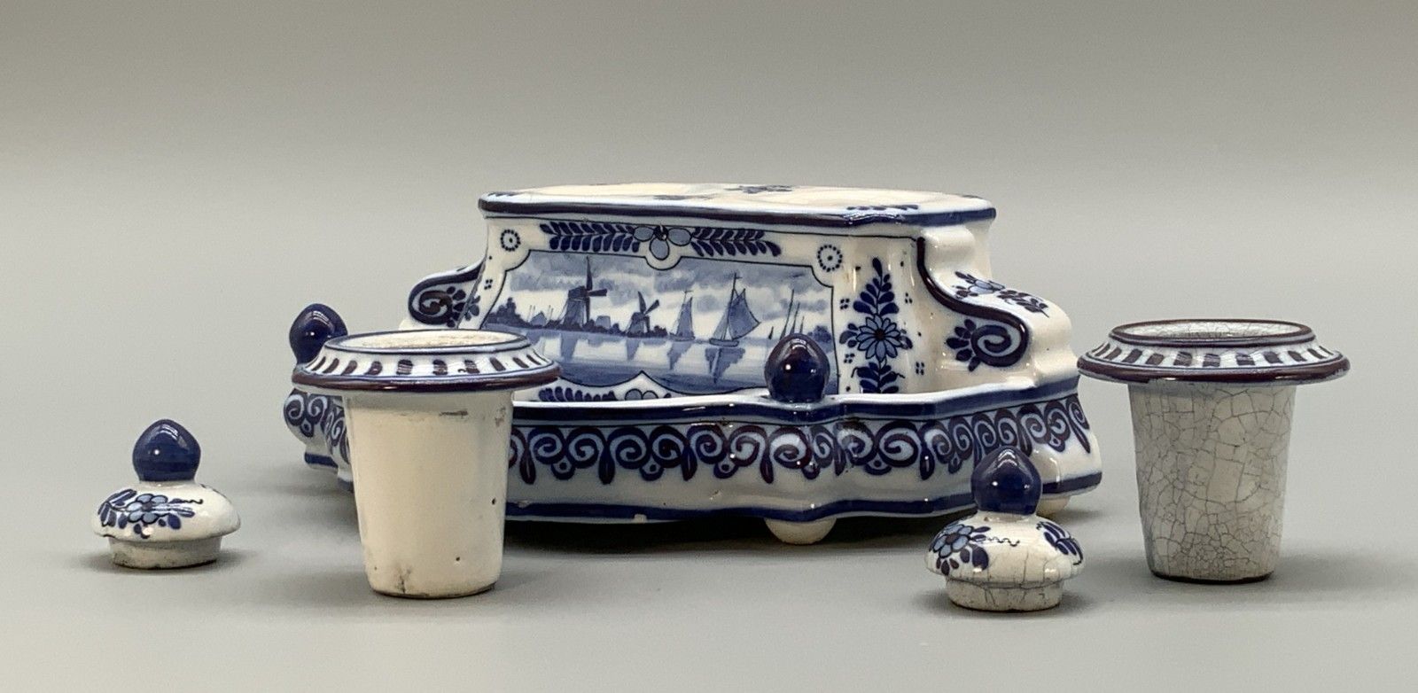 Dutch Delft Desktop Inkwell Stand Blue And White Faience Late 19th Century photo vinterior