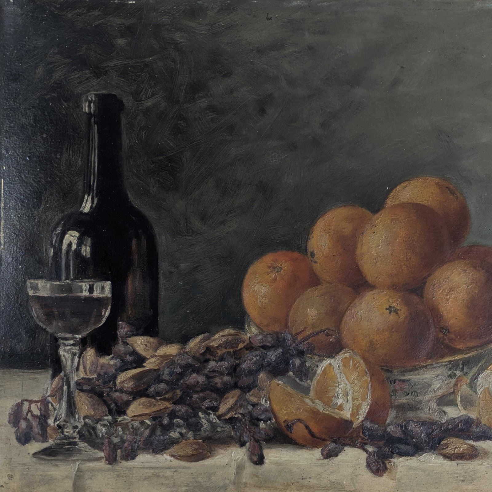 Antique 1910 Oil Painting Still Life, Dark Moody Fruit And Wine Art On Board, Signed A. Verheughe, Unframed Rustic Kitchen Decor photo for sale