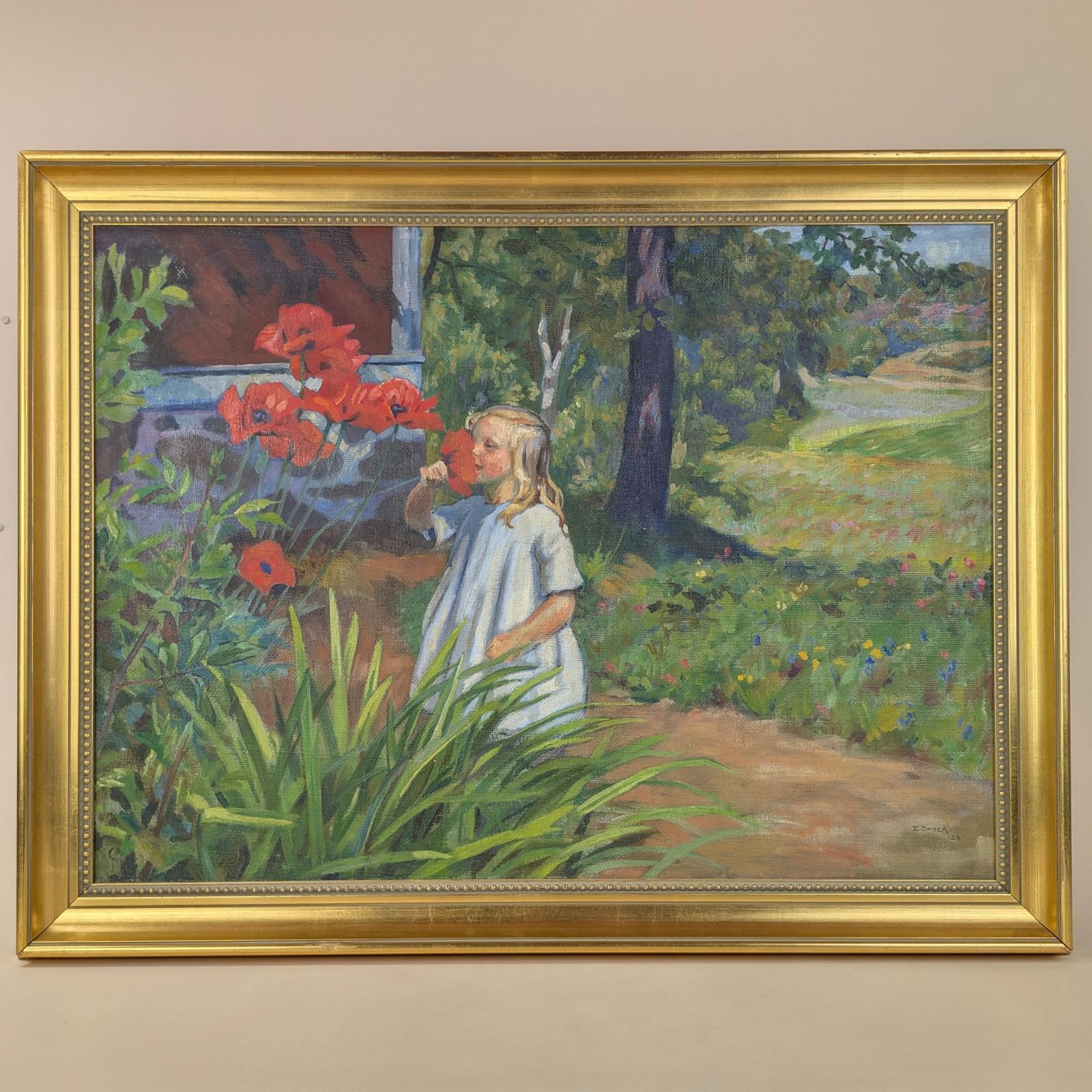 Einar Bager Oil Painting, Swedish Art 1923, Framed Antique Garden Scene, Red Poppies Canvas, Early 20th Century Signed Artwork