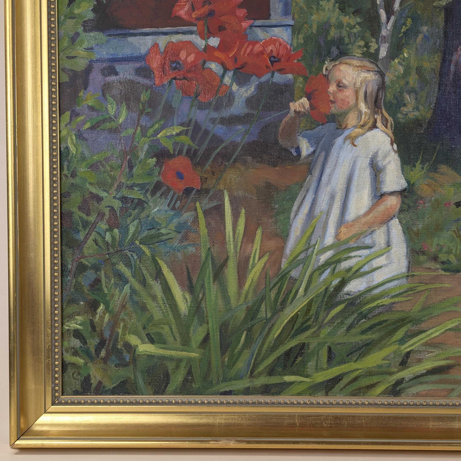 Einar Bager Oil Painting, Swedish Art 1923, Framed Antique Garden Scene, Red Poppies Canvas, Early 20th Century Signed Artwork photo Art