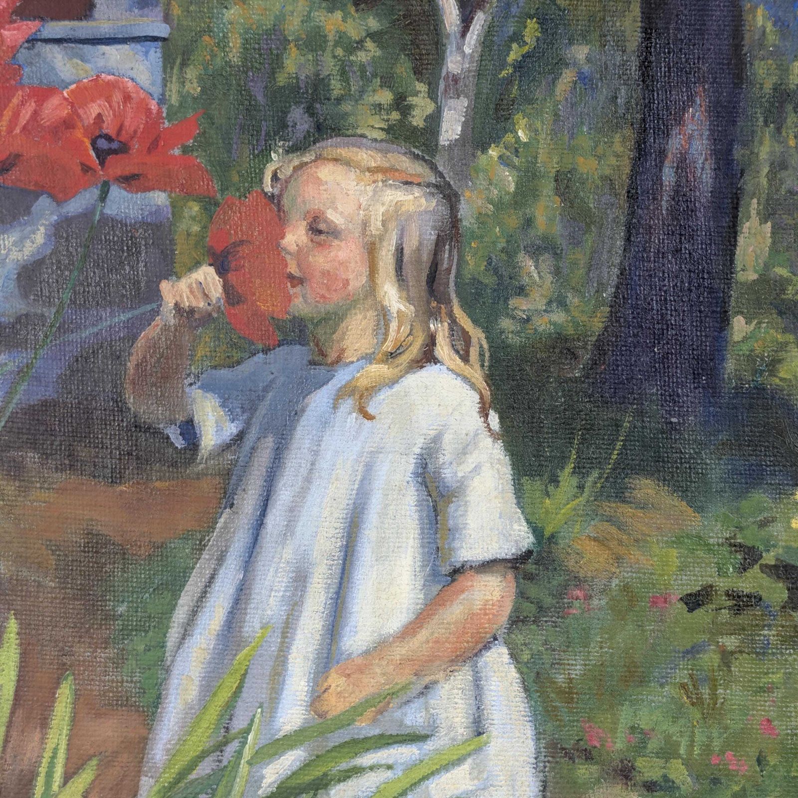 578.0 Einar Bager Oil Painting, Swedish Art 1923, Framed Antique Garden Scene, Red Poppies Canvas, Early 20th Century Signed Artwork photo