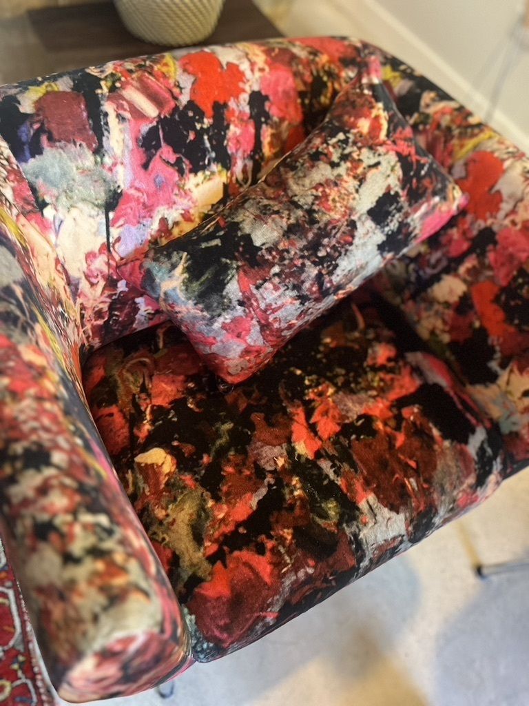 Mid Century Club Chair Reupholstered In Velvet Print By Artist Bogdan Mihai Radui photo for sale