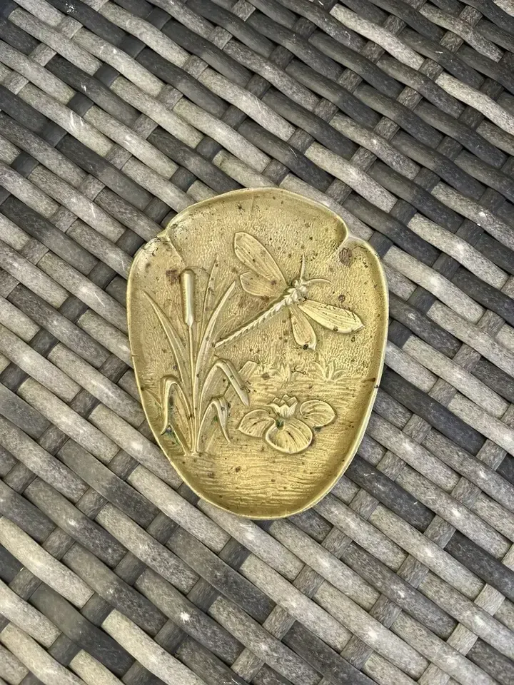 Antique French Art Nouveau Brass Bronze Trinket Dish Dragonfly Lilypad Cattails photo vinterior