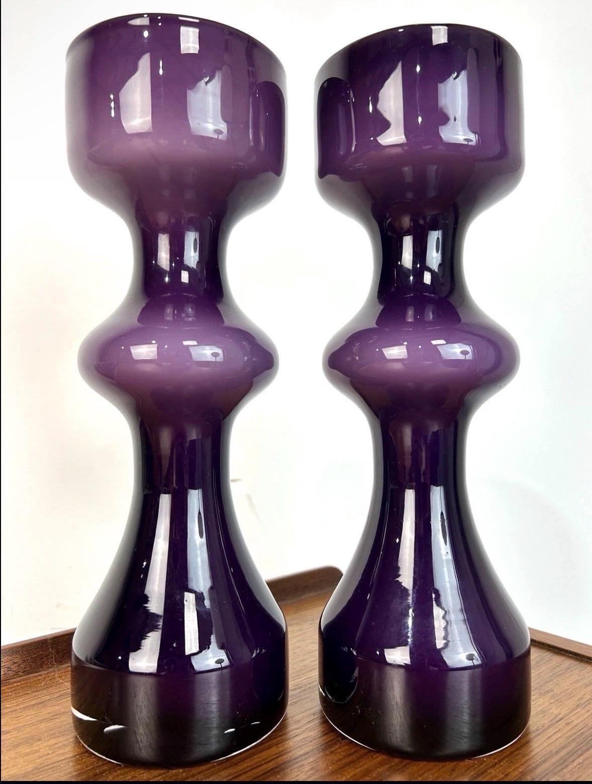 Pair Of Mid Century Modern Purple Cased Hooped Art Glass Vases Tall Sculptural. photo for sale