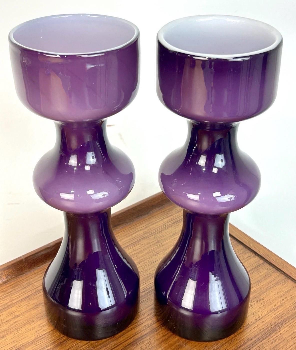 Pair Of Mid Century Modern Purple Cased Hooped Art Glass Vases Tall Sculptural. photo Home Decor