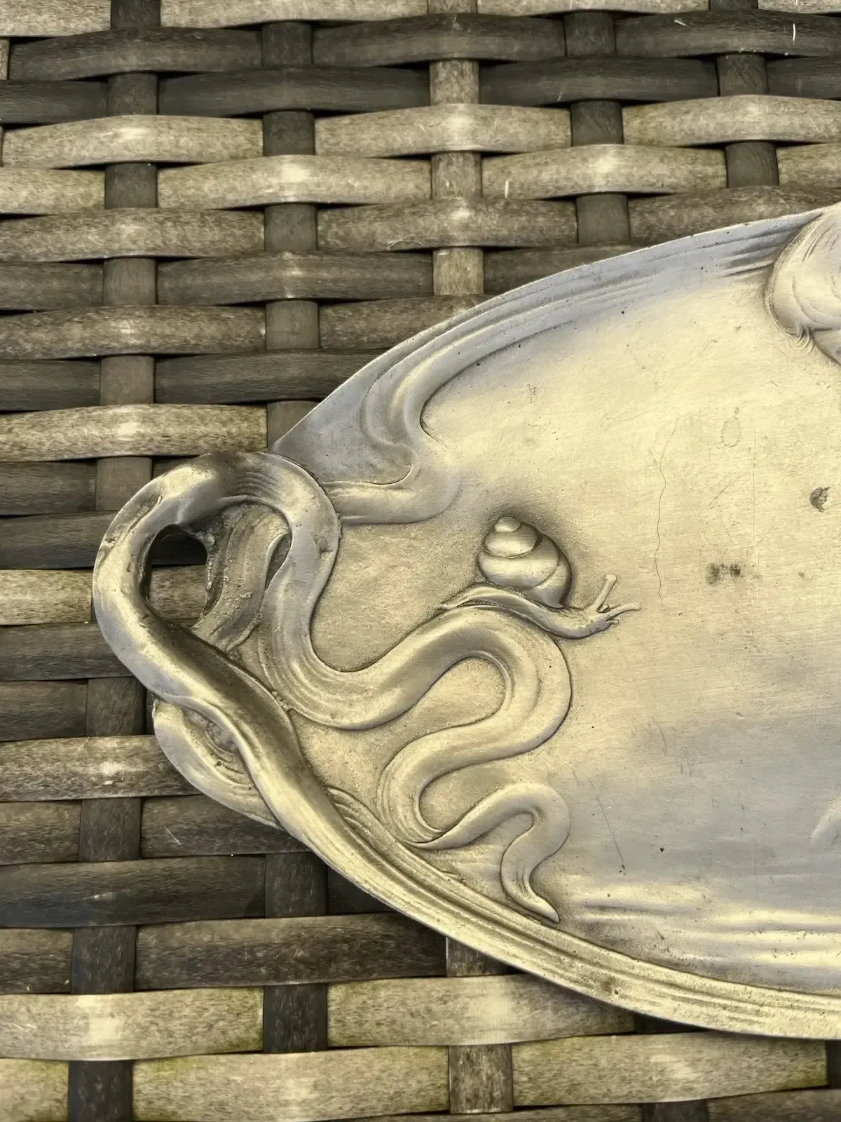Vintage Art Nouveau Style Child & Snail Pewter Card Tray After Original By Wmf photo 99.0